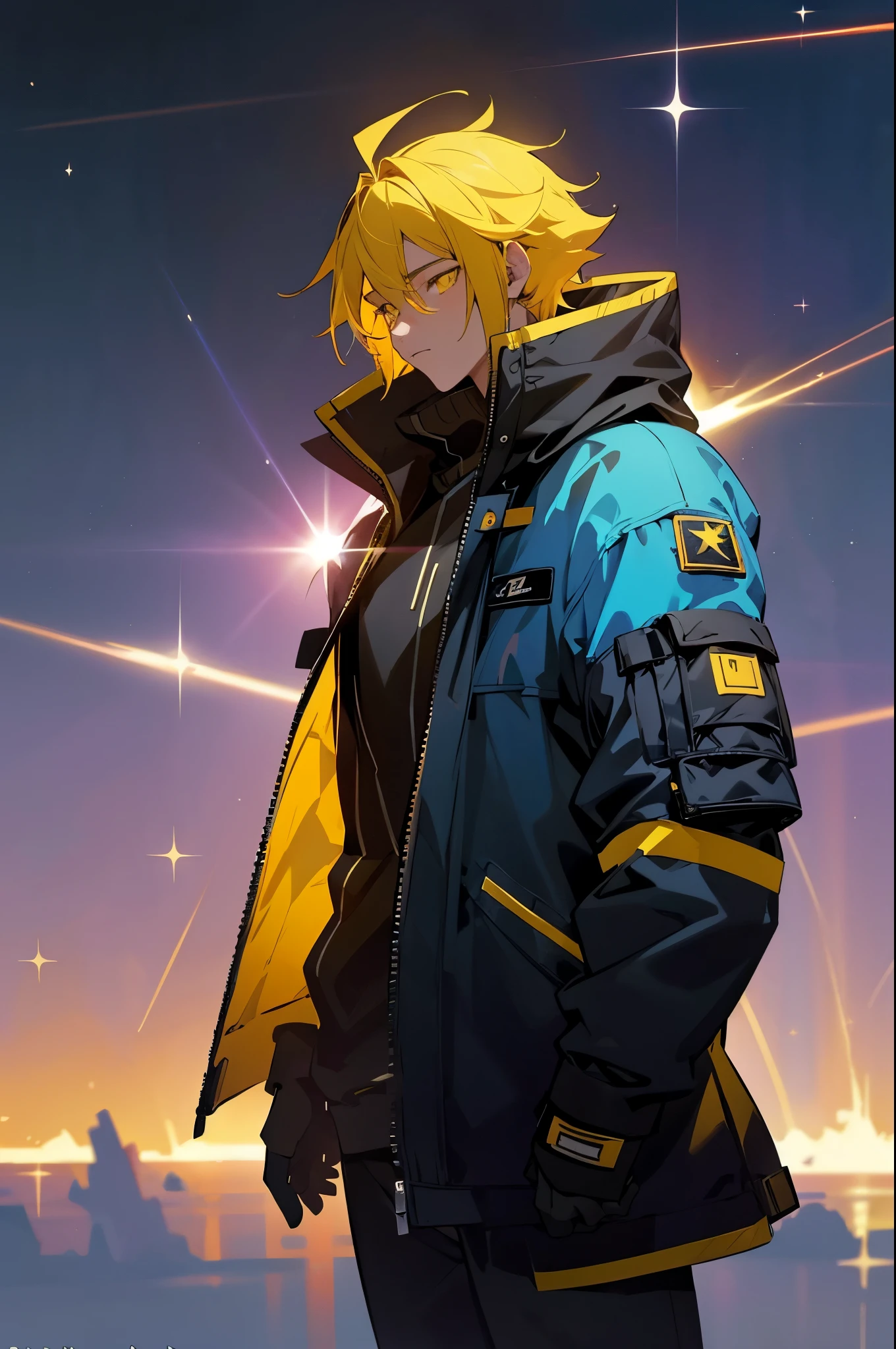 1boy, soft face, confident, ager, simple clothes, wearing a black jacket, ice, blizzard, (yellow eyes), ((yellow hair)), short messy unkept hair, highest quality digital art, Stunning art, wallpaper 4k, highly detailed, BREAK, epic, space star cosmos unreal engine 5 scenario, (anime style), anime style, chiaroscuro, depth of field, sparkle, god rays, anatomically correct, super detail
