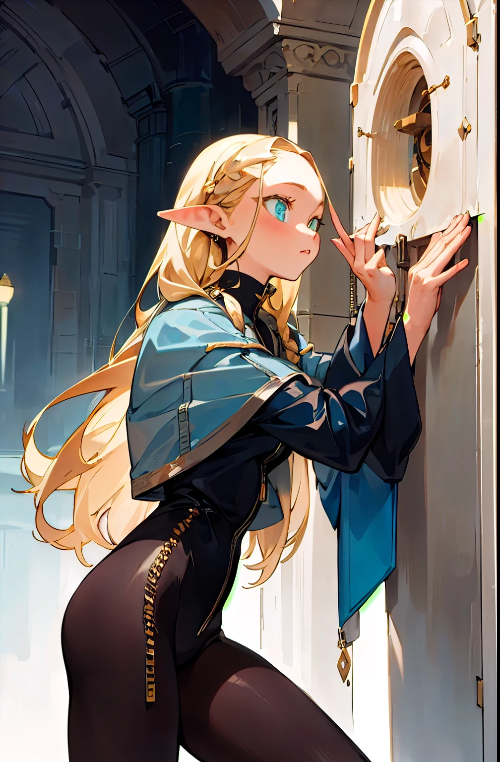 (masterpiece, best quality) detailed, 1 , Wearing black tights, silver accessories , zipper , futuristic, shining , beautiful woman , ,blonde ,elegant, pointed ears , long eyelashes ,