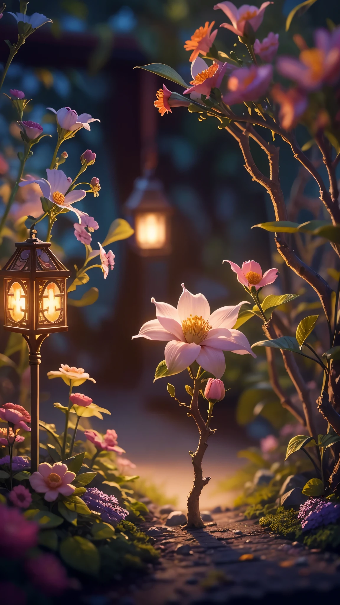 Magic garden miniature scene, Delicate flowers and softly lit branches,, Illuminated by happy smiling miniatures. 8K Autorealist,Secret Garden、inside the greenhouse、Light of the sun