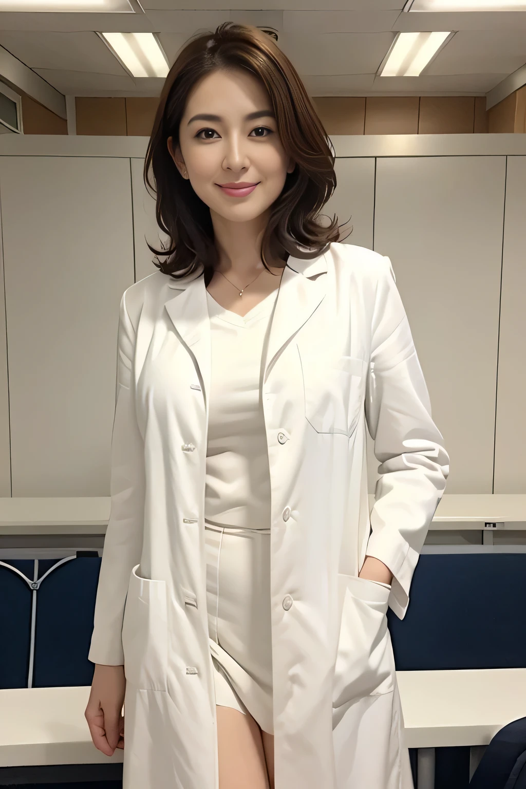 ((she is a doctor:1.1)), ((big breasts:1.1)), (Examination roomでは白いケーシータイプの白衣を着用:1.3), (Doctor in white coat:1.1), (Doctor's attire), table top, highest quality, super detailed, finely, High resolution, 8k wallpaper, perfect dynamic composition, detailed and beautiful eyes, middle of chest, natural color lip, random sexy poses, smile,28 year old beautiful woman, Examination room, Stethoscope