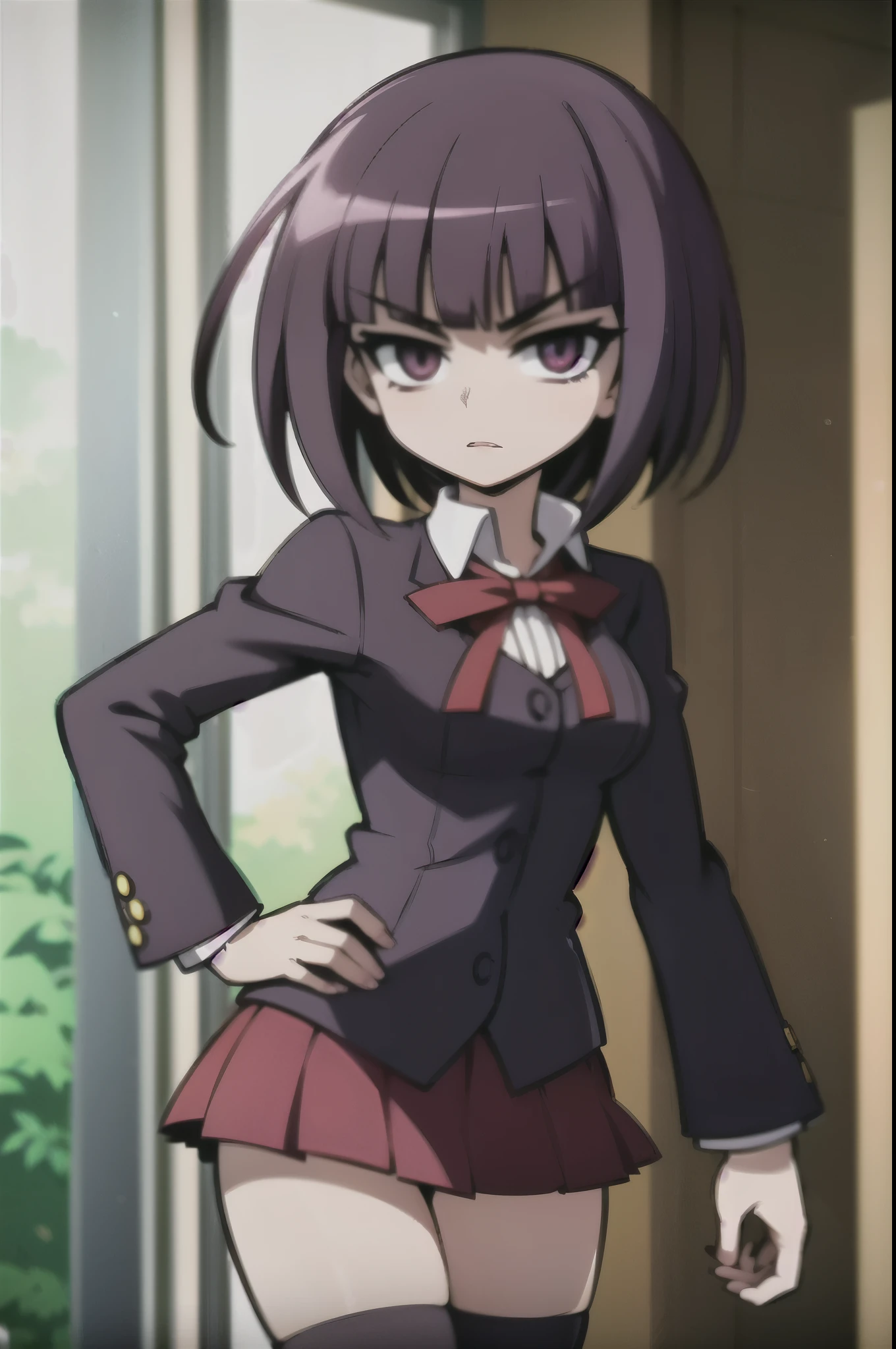 helena blavatsky, purple hair, short hair, (purple eyes:1.1),, anime in a school uniform posing for a picture, estilo de arte anime moe, Magic school uniform, cute anime, cute anime high school girl, Gamoe Yandere, black uniform, red pllaid skirt, young anime, retrato estilo anime, estilo anime 2d, arte cg de anime suave, ( anime), estilo anime, estilo de arte de anime de alta qualidade, estilo anime 4k, anime