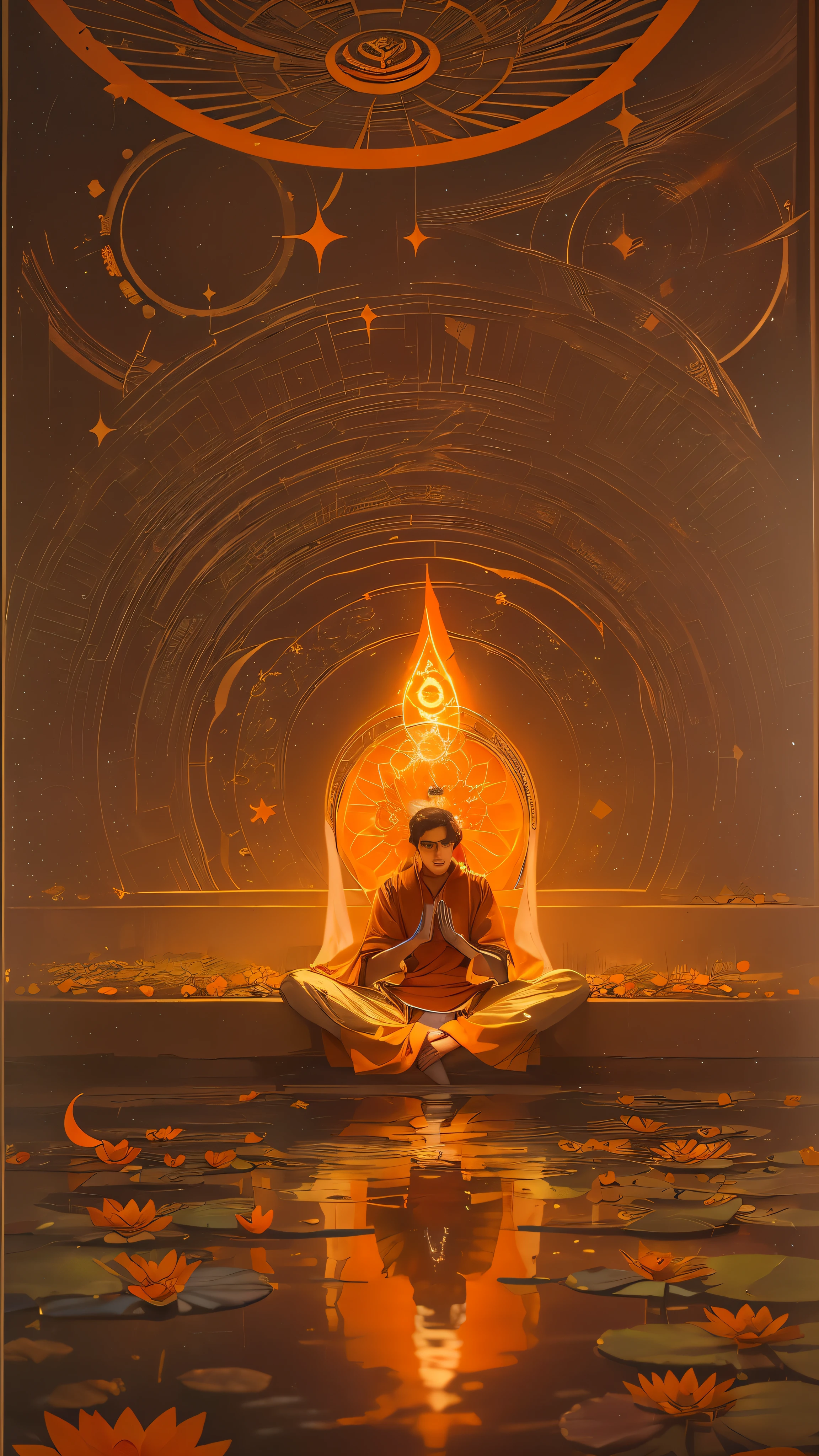 (person meditating cloaked in an orange aura:1.5), incorporate symbolic elements representing the sacral chakra, swadhisthana, crescent moon, 6 petaled lotus, using vibrant, ethereal orange shades and colors