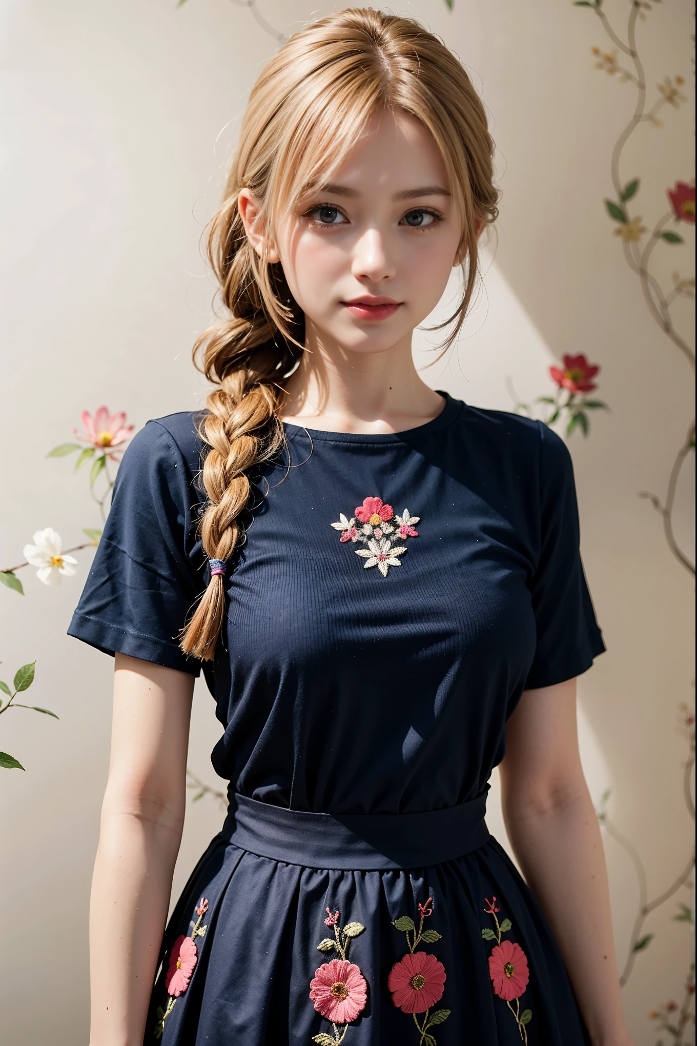 front focus:1.8,(8K RAW photo,Live shooting, highest quality, masterpiece:1.37), extreme light and shadow,cowboy shot,((1 woman)),japanese idol,(alone), 3D,BREAK(looking at the viewer):1.8,POV, perfect anatomy,BREAK((blond hair),(blond Dutch braid)),Hanging bangs:1.4,blue eyes, blush, (grin and laugh:0.5), (Happy:0.9),large breasts,rocket bit, BREAK((standing pose)),BREAK((knee-length:1.5,navy blue Cut and sew with sheer short sleeves:1.05,(white and pink floral embroidery Cut and sew), (a small round neckline)), BREAK((white and pink floral embroidery skirt),(off_white mini pleated skir)),BREAK (white simple pattern wallpaper:1.5)