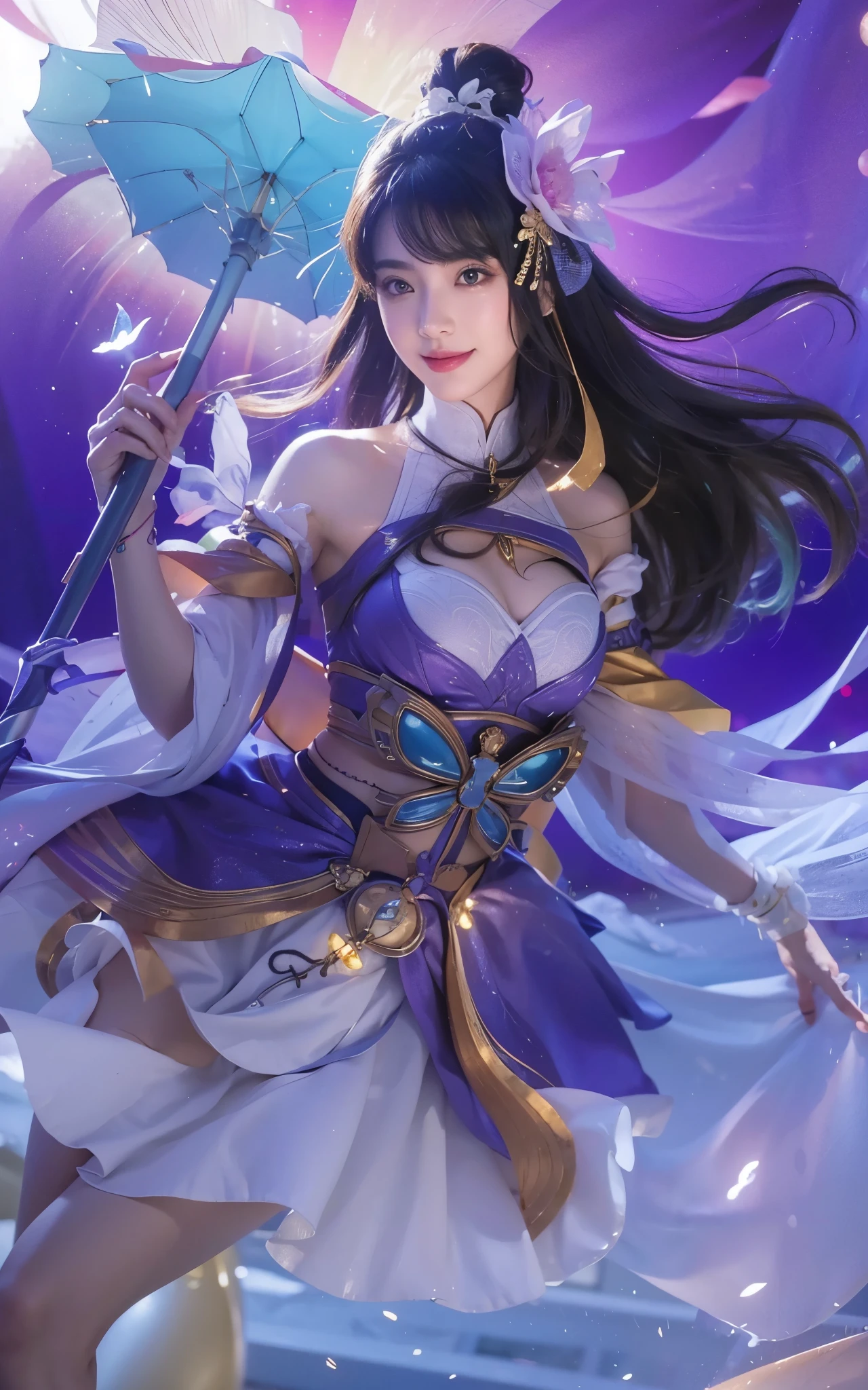 (female:1.2), 8k, ultra hd, ultra detailed texture, hyper realistic, masterpiece, detailed texture, detailed face, detailed skin, detailed lighting, (photorealistic:1.5), best quality, beautiful lighting, cinematic lighting, professional lighting, ultra highres, realistic, detailed hair, real hair, high quality, (realskin:1.5), extremely detailed, finely detail, ultra-detailed, 1girl, solo, v-shaped eyebrow, pink lips, parted lips, smile, white skin, nose, pretty, beautiful, cute face, large breasts, armpit, navel, stomach, thigh, bare shoulder, depth of field, skin tight, amazing pose, glowing, blurry background, seductive pose