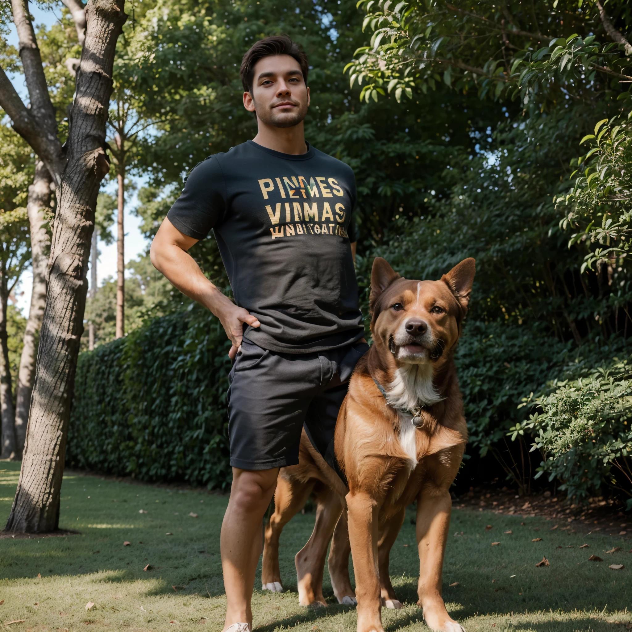(best quality,highres,ultra-detailed),giant dog,small man,Cachorro com 2 metros de altura ao lado de um homem pequeno,realistic,large breed dog,detailed fur texture,dark brown fur,big paws,tall and muscular physique,friendly expression,curious eyes,gentle demeanor,contrasting sizes,close proximity,long-legged posture,soft sunlight illuminating the scene,detailed facial features,small man wearing casual clothes,amazed expression,hair blowing in the wind,lush green grass,leafy trees in the background,vibrant colors,pets,friendship,nature,lifestyle