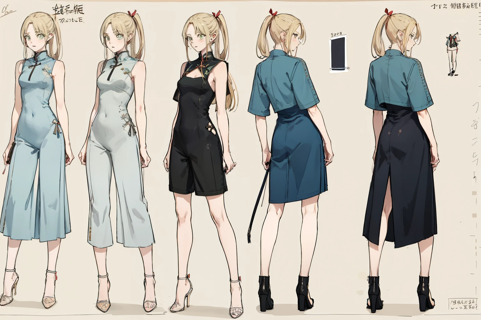 pantyhose，dress，High slit，leather shoes，cheongsam，Deep V jumpsuit （whole body，character design sheet，front，back，side）