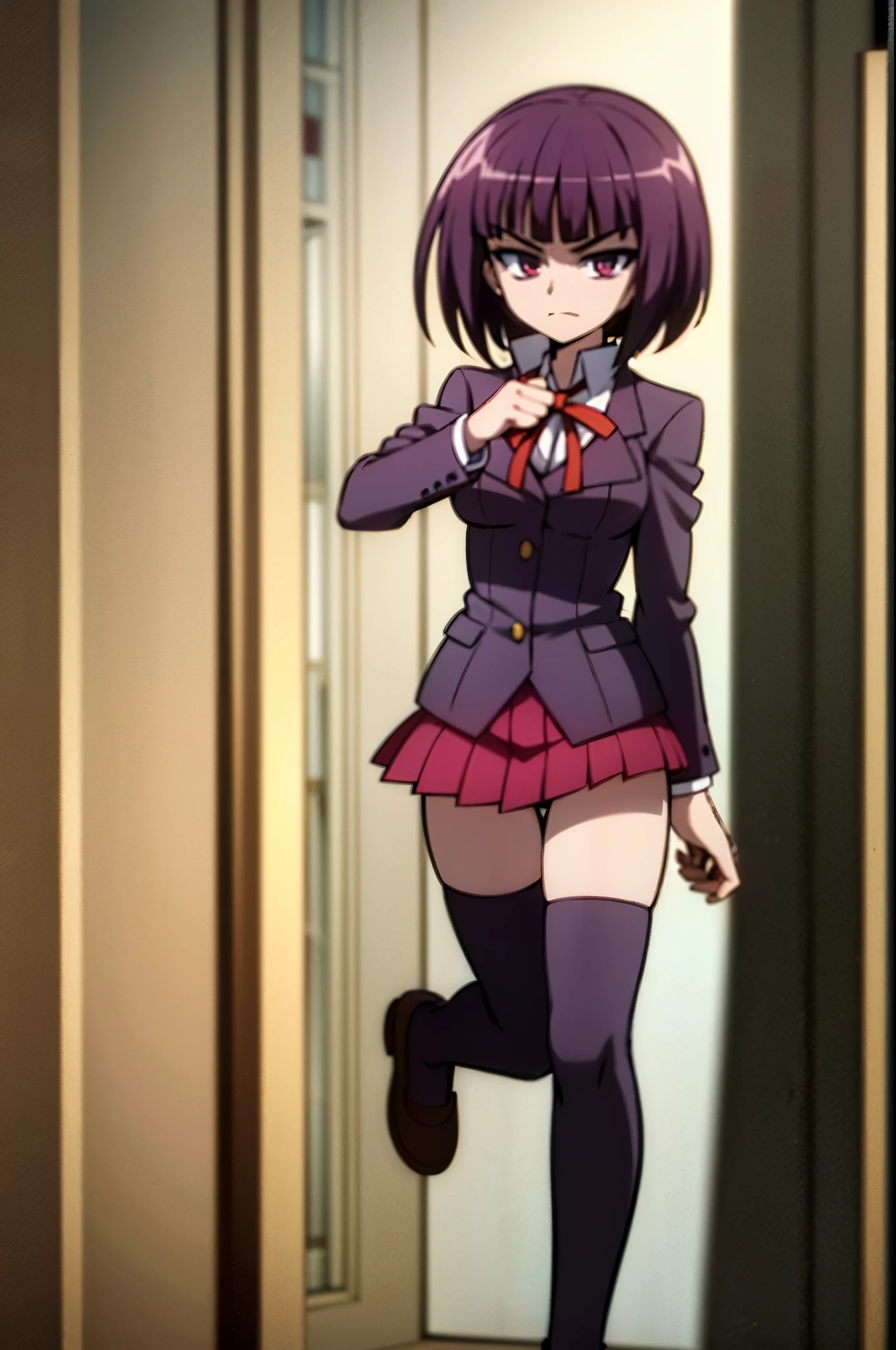 helena blavatsky, purple hair, short hair, (purple eyes:1.1),, anime in a school uniform posing for a picture, estilo de arte anime moe, Magic school uniform, cute anime, cute anime high school girl, Gamoe Yandere, black uniform, red pllaid skirt, young anime, retrato estilo anime, estilo anime 2d, arte cg de anime suave, ( anime), estilo anime, estilo de arte de anime de alta qualidade, estilo anime 4k, anime
