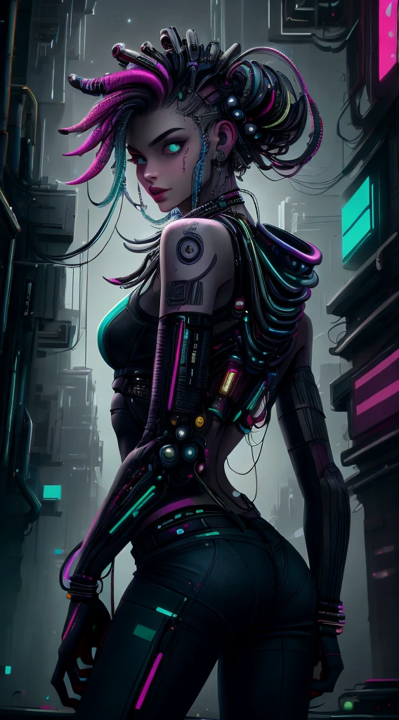 Beautiful girl with small breasts, vistiendo una chaqueta resistente, pelo largo,Una joven hermosa , encantadora y fascinante en una burbuja con colores tornasolados, con adornos de estrellas, Armas ametralladoras en la escena nocturna cyberpunk., fondo verde rojo cyberpunk, (Mejor calidad: 1.4), (Obra maestra: 1.2), detallado, complejo, high resolution,32k
