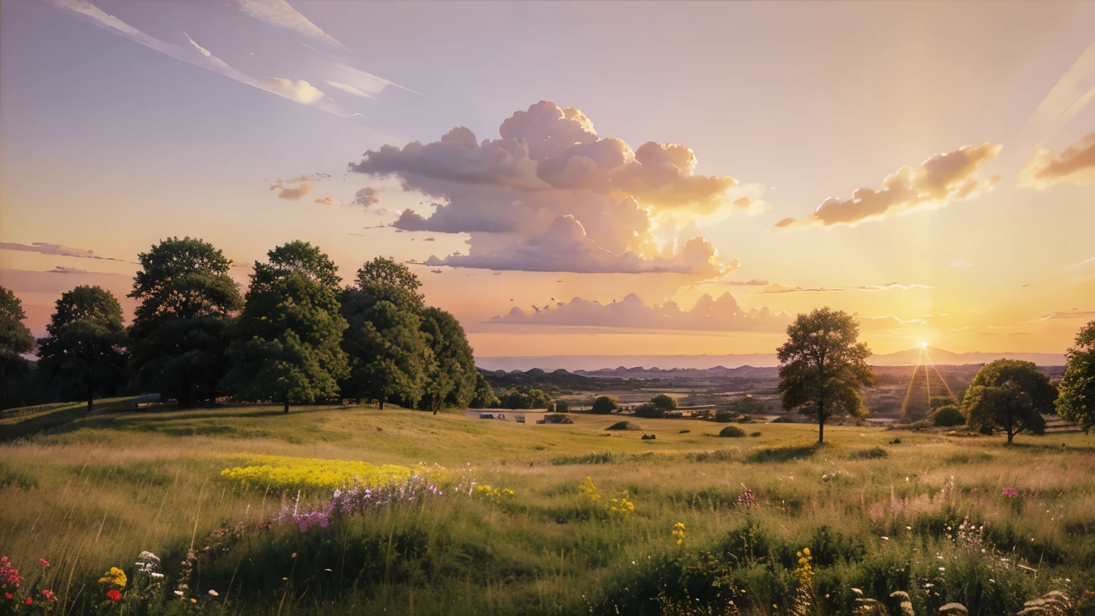 Realistic, realistic, Beautiful and wonderful landscape oil painting by Studio Ghibli Hayao Miyazaki, romantic sunset, purple sky, rose red sun, clear cloudless sky, yellow flowers, grass yellow, looking up at the sky