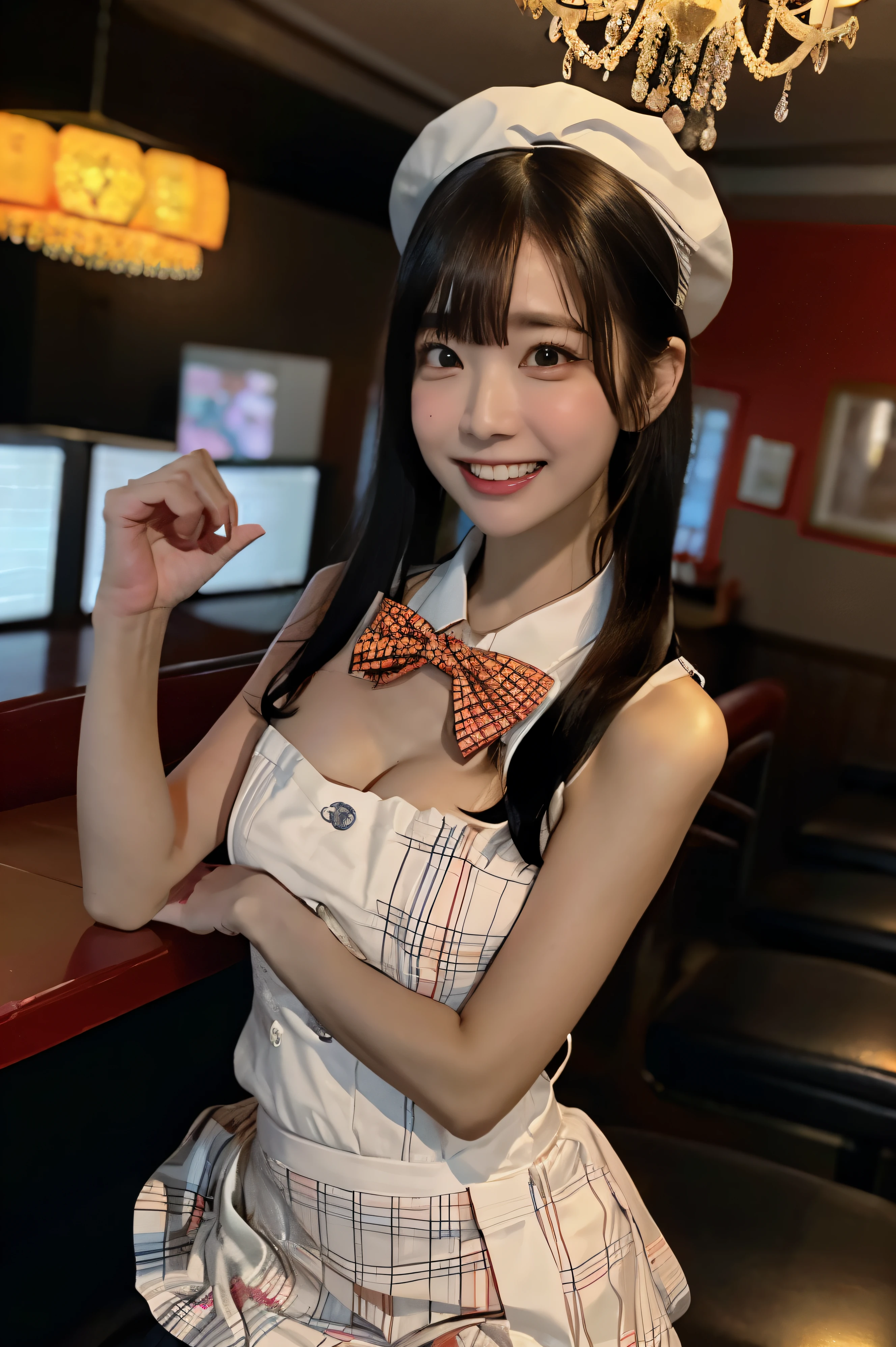 (8k, RAW photo, highest quality, from below:1.2, masterpiece:1.2, genuineistic, ultra high resolution, high contrast, photon mapping, genuine, Super detailed, official art, RAW photo, chic light, dim atmosphere, High-definition CG, unity 8k, ((highest quality, 8k, masterpiece: 1.3)), Snazzy, Chandelier Light), Super detailed, where(Kobeya,family restaurant), when(night), who:(Kobeya),(small cream hat, cute orange waitress clothes, orange bowtie, Snazzy白いレース模様のついたブラウス, Brown Check Skirt), what( pose in a fun and attractive way),
