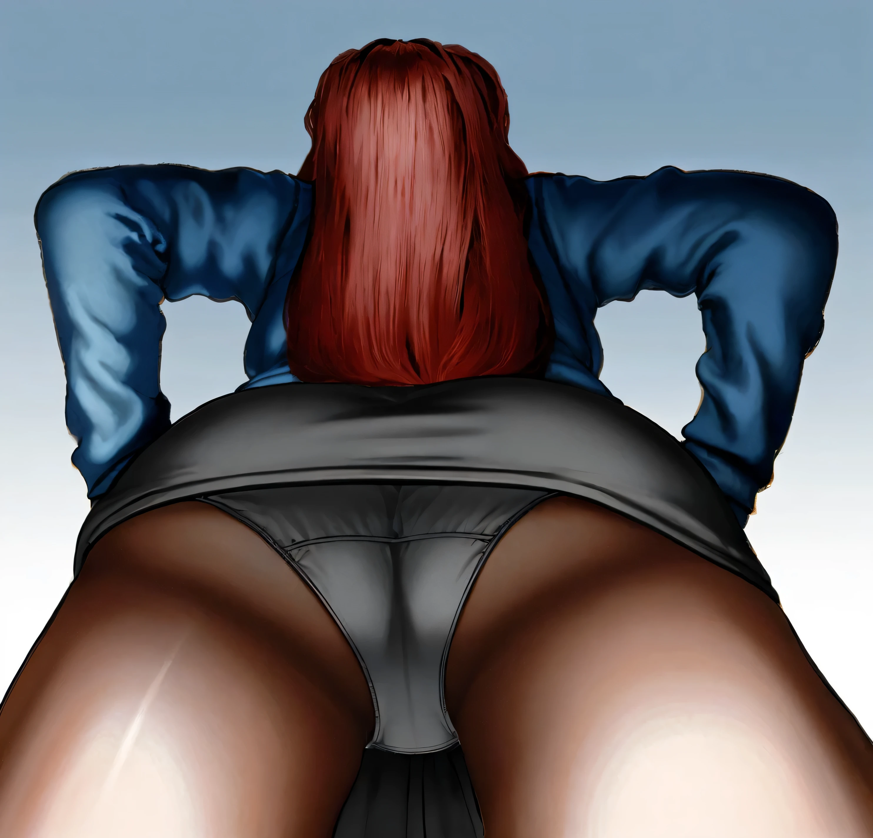 ((masterpiece, best quality)), ((27 year old)), (((Curvy))), (((Latina with long red hair))), in blue sweater, grey skirt, ((white cotton panties)), (((Large Hips))), ((upskirt)), (((low angle shot))), ((Shot from below)), (((realistic art style)))