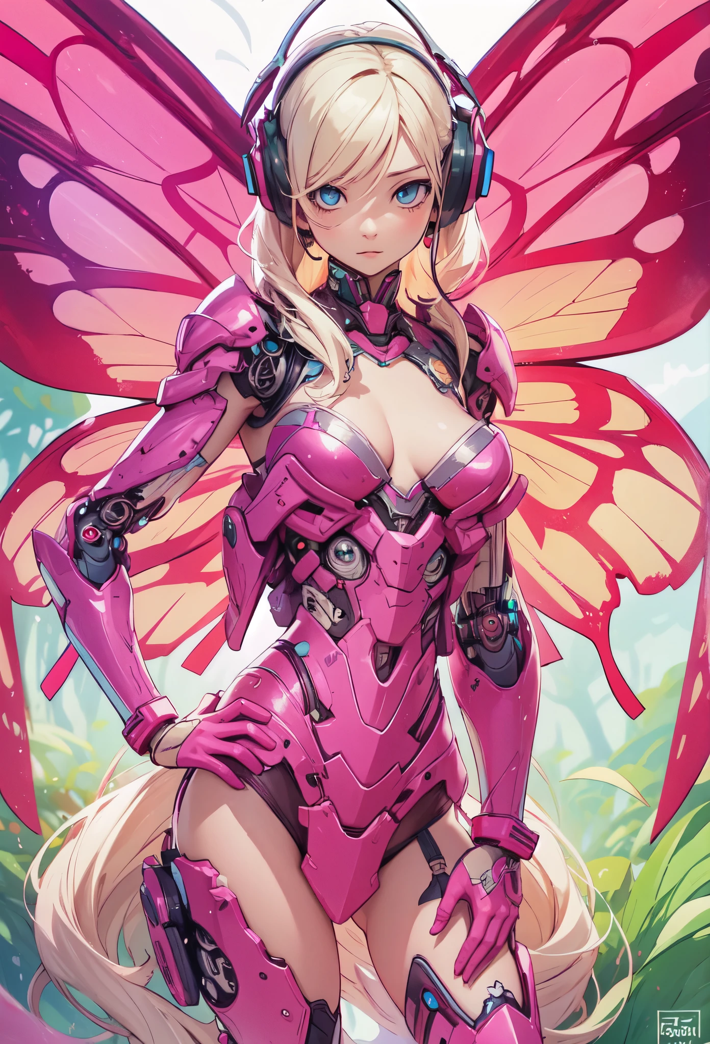 ((Highly accurate drawing in every detail)Extremely precise depiction)[High resolution],(detailed illustrations,とてもfineで緻密な描画,Delicate drawn lines with tempo,Realistic texture expression),[color traced main line],[lab],[[HENTAI]] ANIME (CYBERGirl anime Beauty  Cyborg[wavy hair (platinum blonde)]),([butterfly wingagenta pink papillon cyberne armor [aurora armor] Only the body is transparent material) cyber headset,(cybernetic [clear lenticular iris]),(intricate and beautiful decoration [Dense detail]),(Fine and beautiful skin expression [transparency]),((Precisely drawn eyes))[完璧な目のdetailed((Beautiful eyes like jewels)Iris drawn in precise detail)[clearly drawn pupils]],[eye light[Pinpoint lighting for the eyes]],[long and beautiful eyelashes],[precisely drawn hair [美しく艷やかな髪のdetailed]],(完璧な手のdetailed [Beautiful fingers with no damage [beautiful nails]]),(perfect anatomy(perfectly balanced proportions))[[full body portrait]],[[Highly constructed design]][ideal color coordination(Accurate simulation of light and material interactions)],([precision detail](detailed,高fine)),[Visual art that tells a story],((highest quality)fine[[High density drawing]])(4K quality).