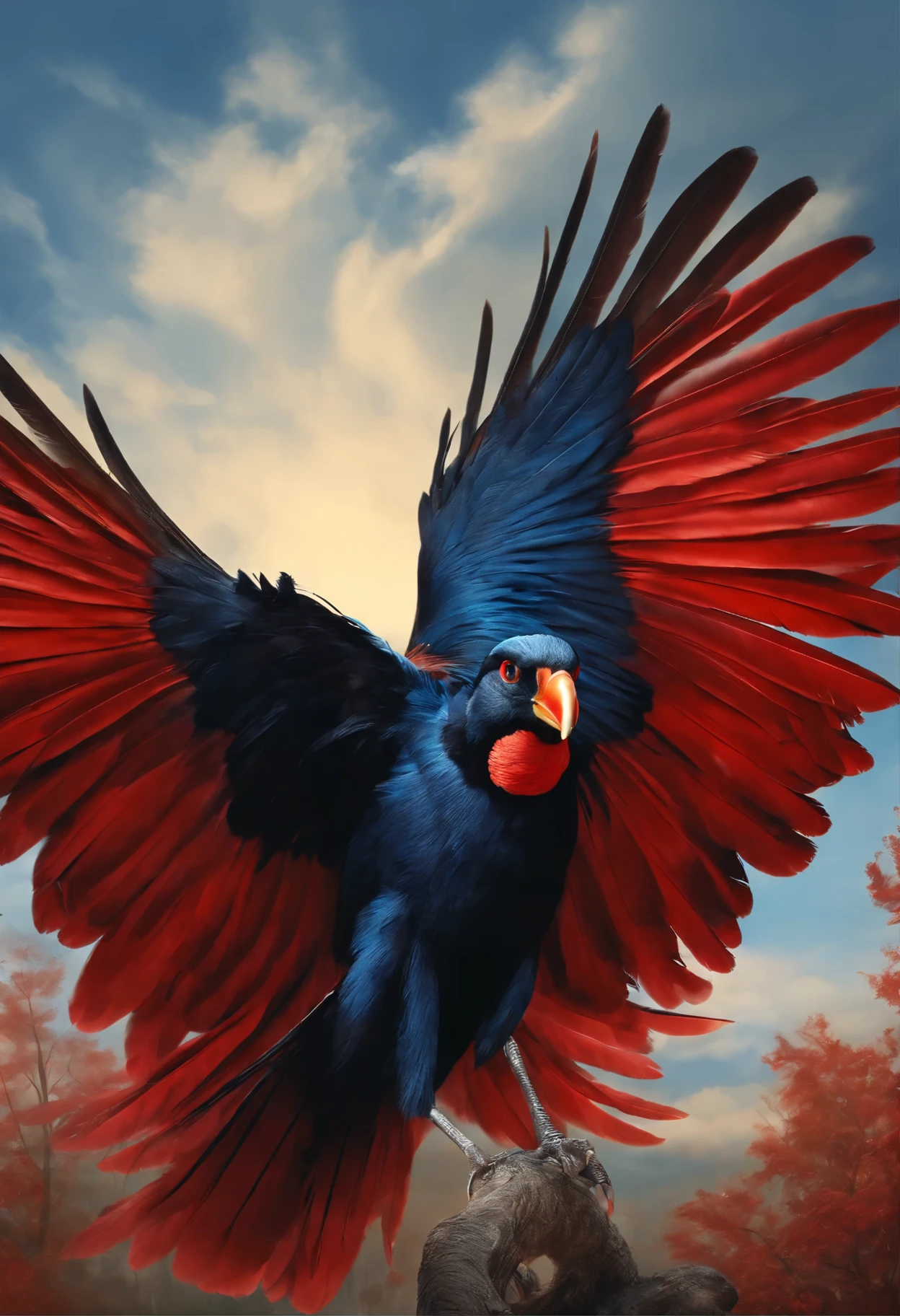 (black feathers,red beak,red eyes,blue sky),bird flying in the sky,vibrant colors,vivid details,detailed features,realistic rendering,detailed feathers,artistic interpretation,graceful motion,striking composition,high contrast,perfectly captured moment,impressive sight.