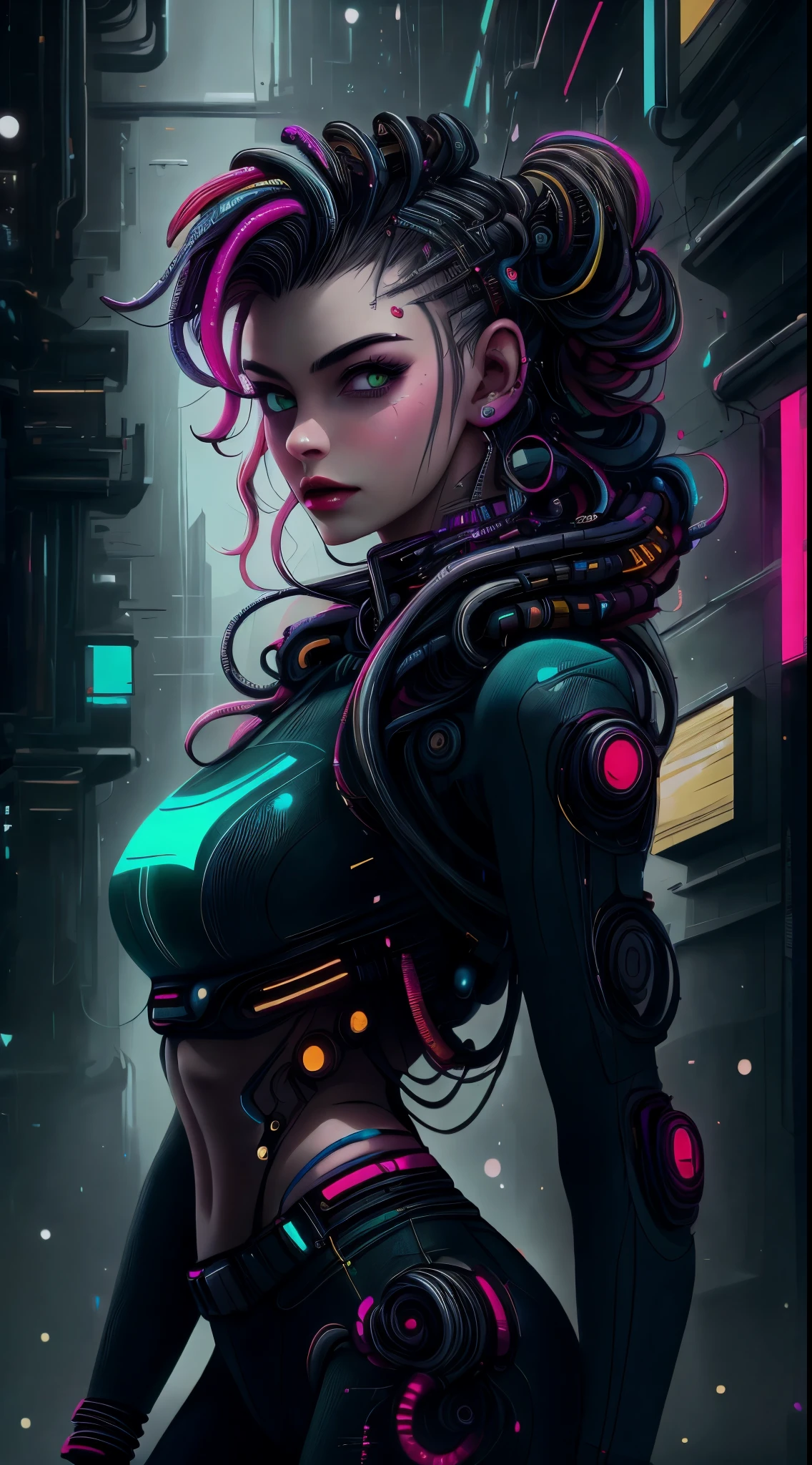 Beautiful girl with small breasts, vistiendo una chaqueta resistente, pelo largo,Una joven hermosa , encantadora y fascinante en una burbuja con colores tornasolados, con adornos de estrellas, Armas ametralladoras en la escena nocturna cyberpunk., fondo verde rojo cyberpunk, (Mejor calidad: 1.4), (Obra maestra: 1.2), detallado, complejo, high resolution,32k