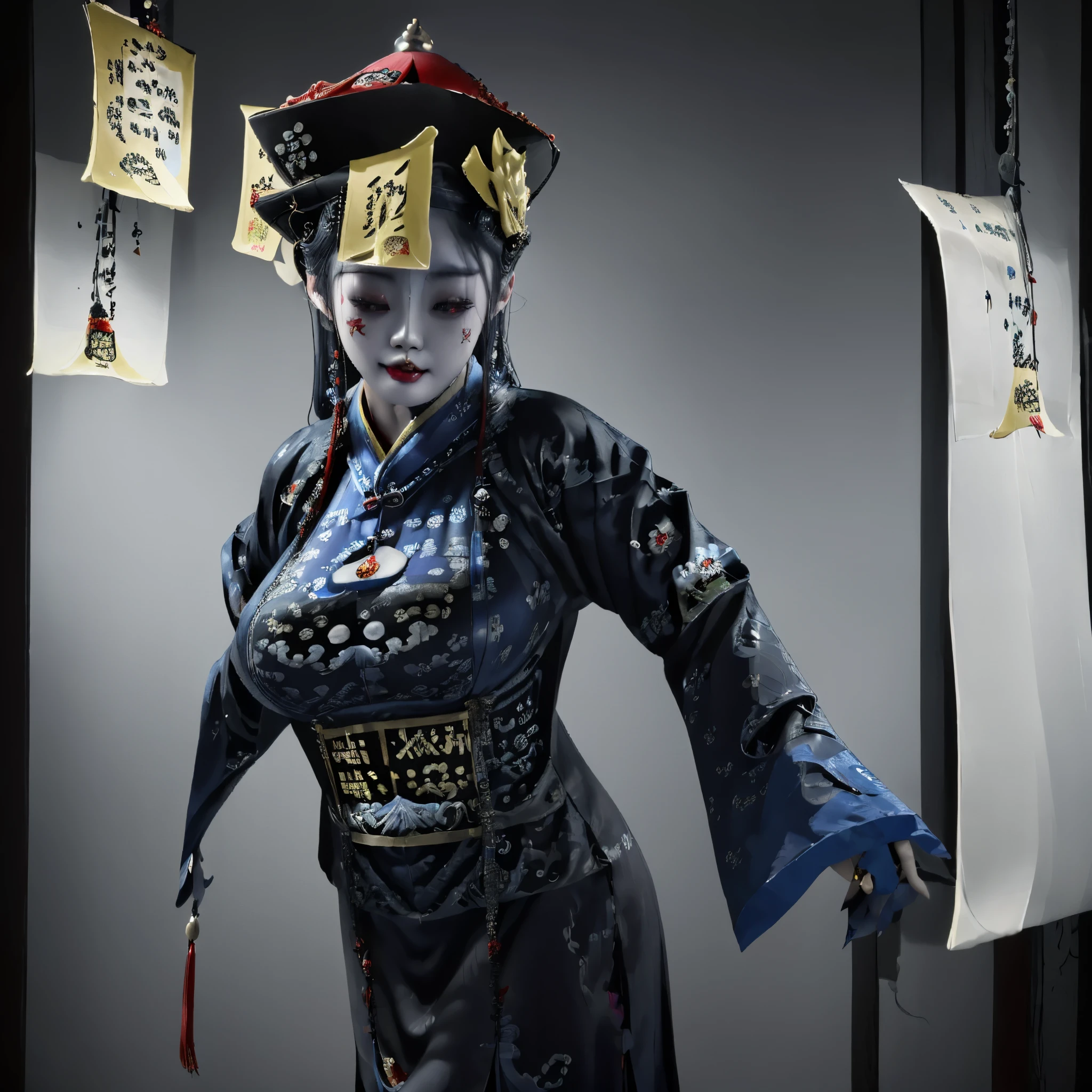 ((masterpiece, best quality)), 32K high dynamic range, high resolution, Super detailed, intricate details, cyberpunk, ((1 girl in:1.2)), jiangshi costume, Dress up as ginger stone, (Huangfu&#39;s paper:1.9), alone, (Yawn and close your eyes:1.1, abandoned cabin:1.2, In China), (ominous atmosphere), (Weird environment), (((Realistic depiction of a Jiangshi girl with Huangfu paper on her head))), (creepy pose:1.1), (weird lights), Visual effects with motion blur and weird elements, huge breasts, huge山雀, huge ,