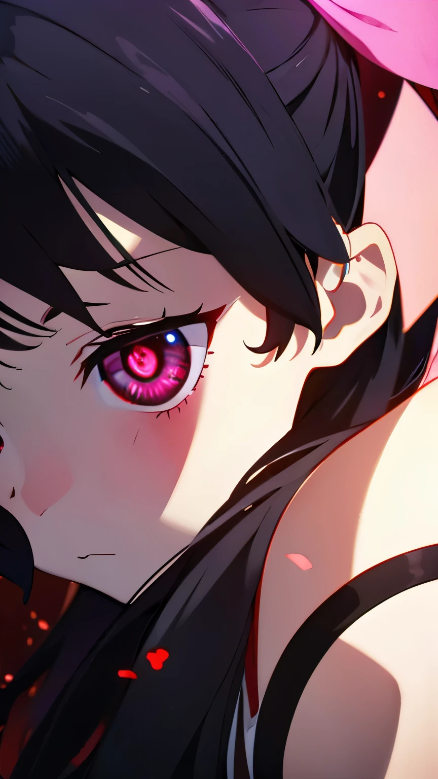 1 girl ,(big Stigmata) , ruined church, bloody rosary , (floating hair, floating skirt), ((blood sea)),from side, character focus, ((black light)),((dark lighting)), cinematic lighting ,(darkness), (concept art), ((???? face)) ,black long straight hair, black hair, pigtail hairstyles, long straight pigtails, hair ribbon , red eyes color, black dress, (glowing eyes), high resolution,(incredibly absurdres) ,extremely detailed CG unity 8k wallpaper, ((masterpiece)), ((top-quality)), (beautiful illustration), ((an extremely delicate and beautiful))