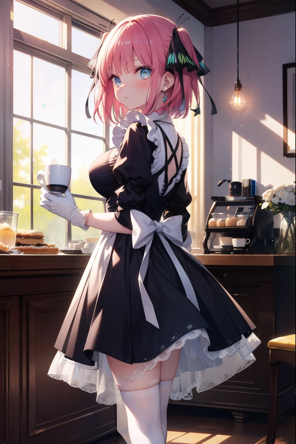 i was silent, Nino Nakano, short hair, bangs, blue eyes, hair ornaments, hair ribbon, pink hair, blunt bangs, two side up, butterfly hair ornaments,big breasts,she was wearing a maid skirt, white stockings on her legs, and lace gloves. Dignified standing figure,
break indoors, coffee shop,
break looking at viewer, break (masterpiece:1.2), highest quality, High resolution, unity 8k wallpaper, (figure:0.8), (detailed and beautiful eyes:1.6), highly detailed face, perfect lighting, Very detailed CG, (perfect hands, perfect anatomy),
