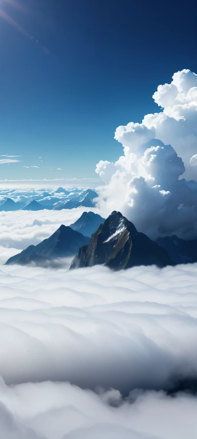Blue sky and white clouds，No person，landscape pictures，spectacular mountain，looking down，Soaring in the clouds and riding in the fog，Cloudy，sea of clouds，best quality，HD details，4k,masterpiece，9：16，HD wallpapers