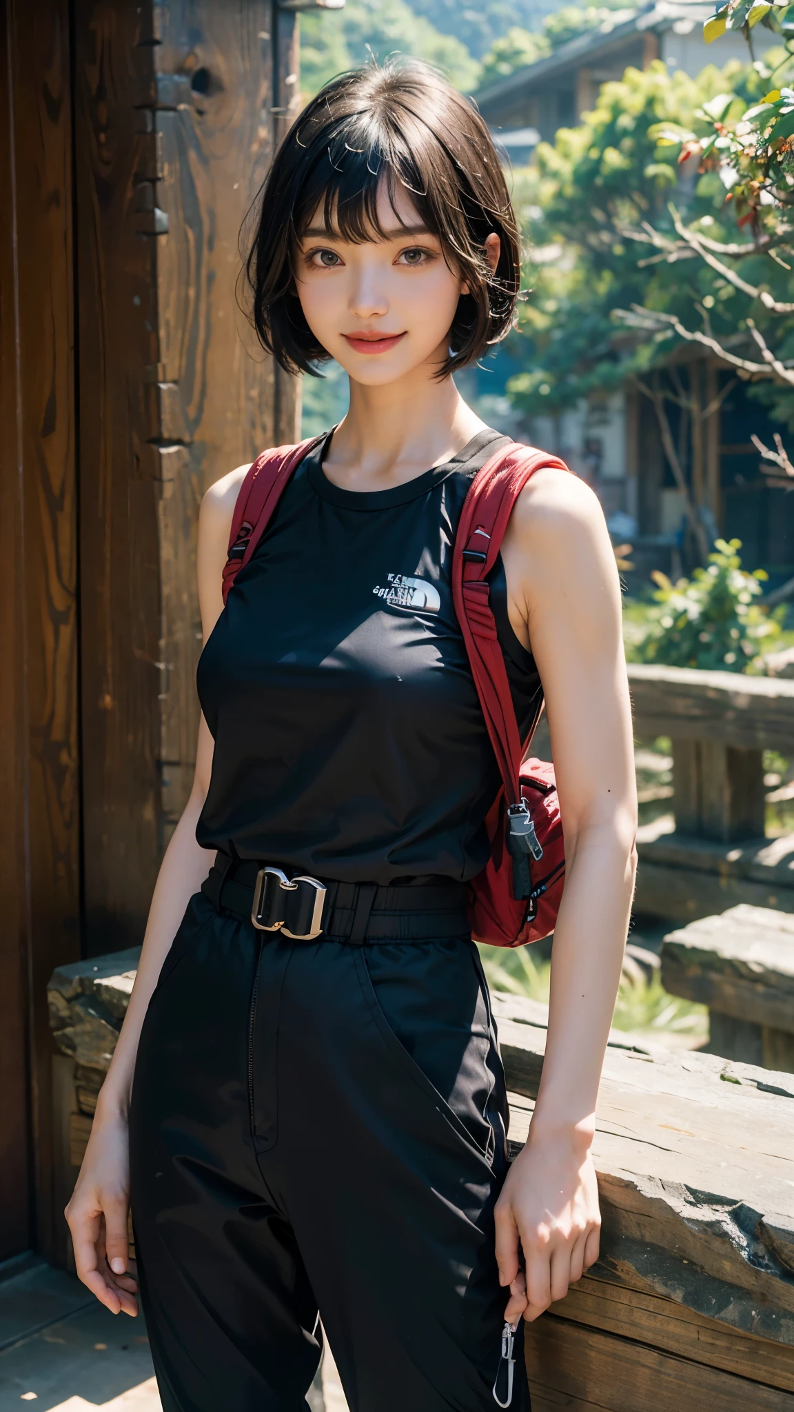 highest quality, masterpiece, ultra high resolution,cable car station, Mt. Takao summit,Spectacular view point,1 girl,20-year-old,(realistic:1.4),Summer Mountain,mountain climbing cap,strong sunlight,Short-sleeved T-shirt and mountaineering parachute pants,((Large North Face backpack)), ((Bring trekking poleountain trail photos,thin waist,thin legs,Thin and beautiful arms,beautiful fingers,Because I'm slender,Medium chest,soft chest,((short straight hair jet black hair)),((Bangs short hair)),realistic,picture media chest)),((big smile))
