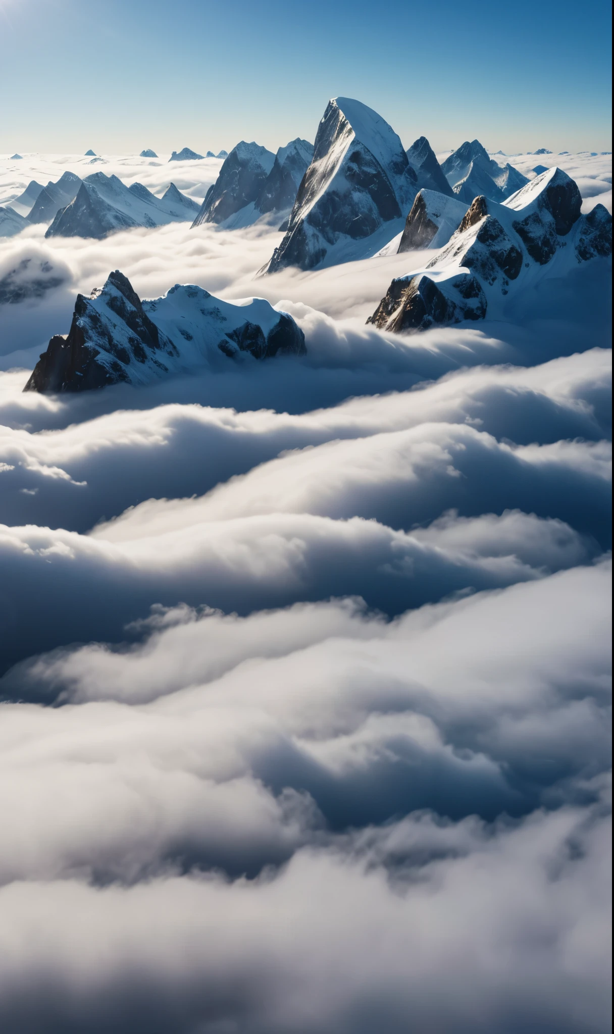 Blue sky and white clouds，No person，landscape pictures，spectacular mountain，looking down，Soaring in the clouds and riding in the fog，Cloudy，sea of clouds，best quality，HD details，4k,masterpiece，9：16，HD wallpapers