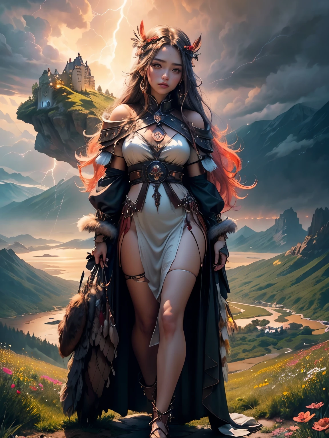 BEAUTIFUL WOMAN on the mountain, sunset sky, red sunset clouds, sunset, long hair in the wind, eagle feathers, eagle queen, goddess dressed in eagle feathers, fantasy, overexposure, perfect eyes, metallic colors, surreal art , full body, bare feet, view of mountainous horizon, lake in the distance, lady in the center of the scene, huge full moon in front of the sun, ((transparent clothing)), ((dark storm clouds with lightning)), falls lightning, light drizzle, fog in the distance, goddess on top of the mountain, ((girl standing)), toenails painted red, ((flowers on top of the mountain)),