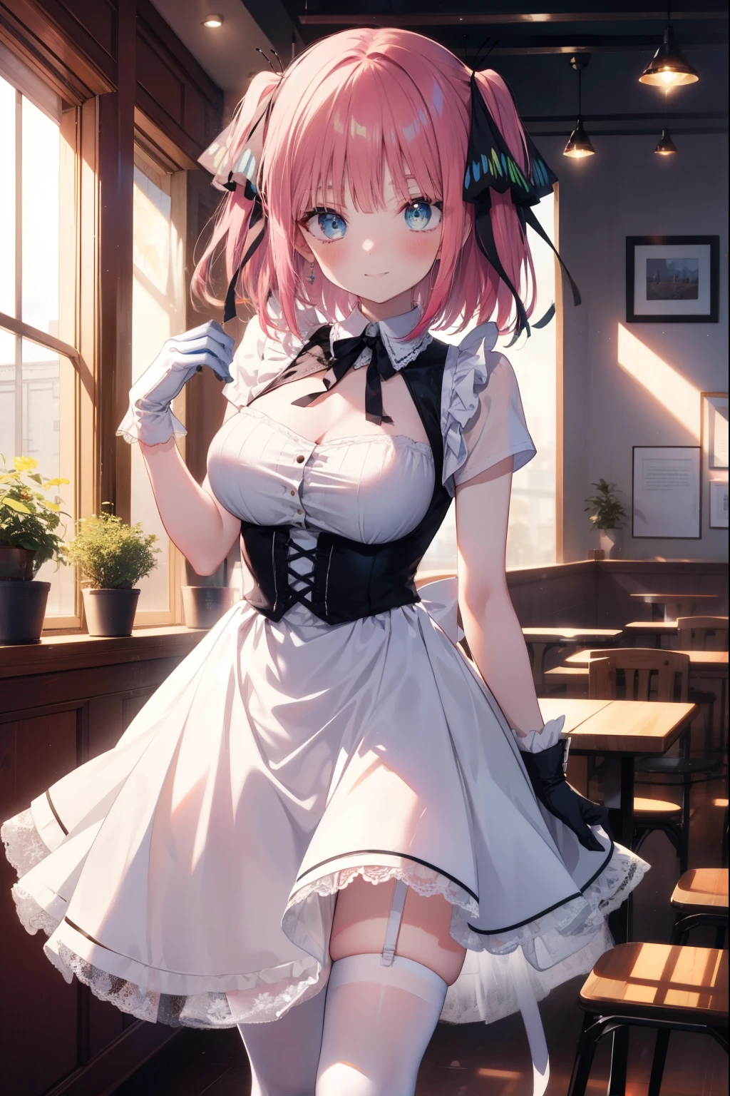 i was silent, Nino Nakano, short hair, bangs, blue eyes, hair ornaments, hair ribbon, pink hair, blunt bangs, two side up, butterfly hair ornaments,smile,blush,big breasts,she was wearing a maid skirt, white stockings on her legs, and lace gloves,Cute standing figure,bare chest,
break indoors, coffee shop,
break looking at viewer, break (masterpiece:1.2), highest quality, High resolution, unity 8k wallpaper, (figure:0.8), (detailed and beautiful eyes:1.6), highly detailed face, perfect lighting, Very detailed CG, (perfect hands, perfect anatomy),