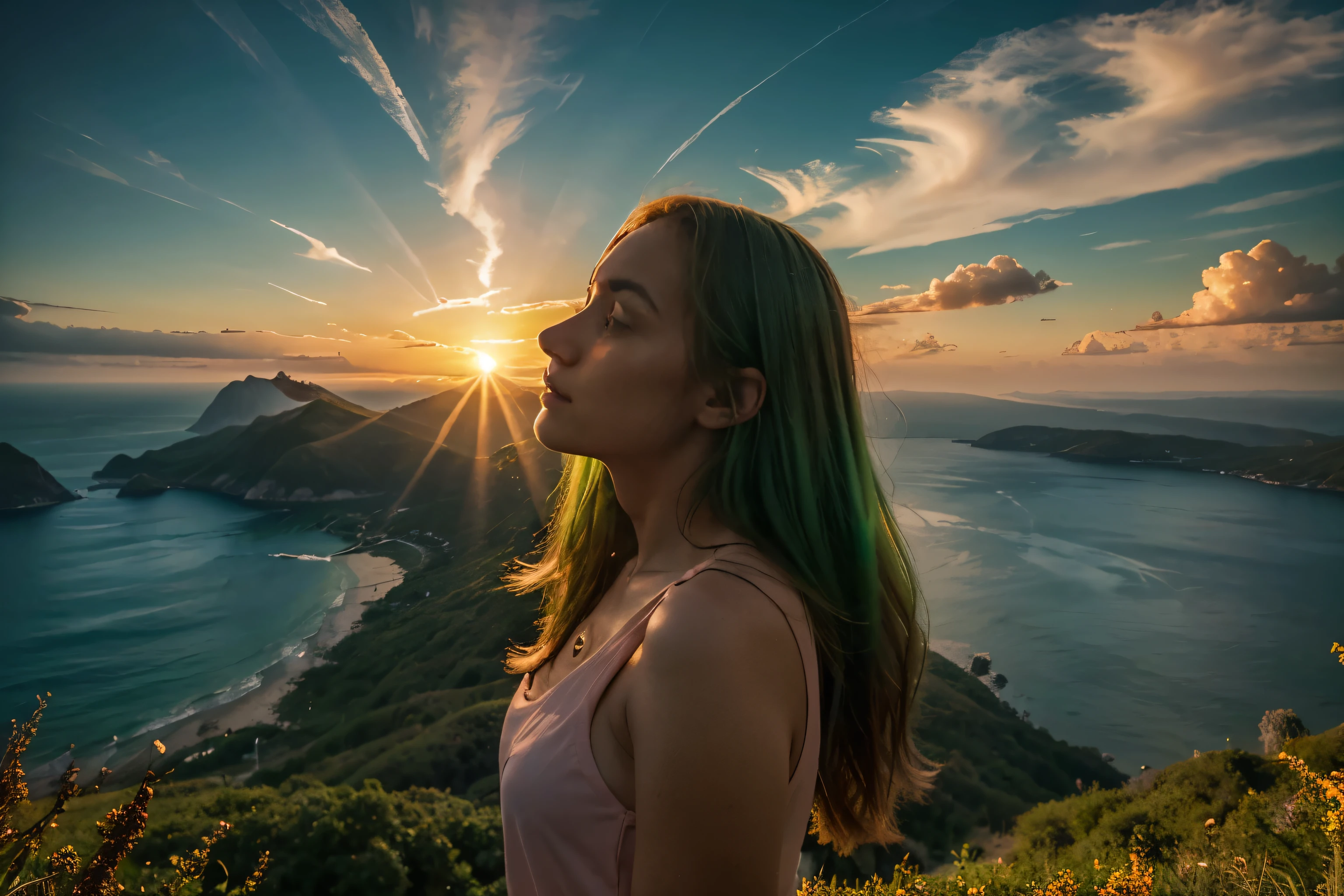 A dramatic, fleeting green flash., A rare but fascinating sight where a bright green speck appears briefly on top of the sun before it sets or rises.. This incredible natural event is captured in mesmerizing paintings., It showcases vibrant hues that contrast with the oranges and pinks of the sky.. The images are meticulously detailed., With the green flash highlighted clearly and beautifully., It looks magical amidst the natural beauty of the sky.. A true masterpiece, This visual spectacle is sure to mesmerize and amaze everyone..