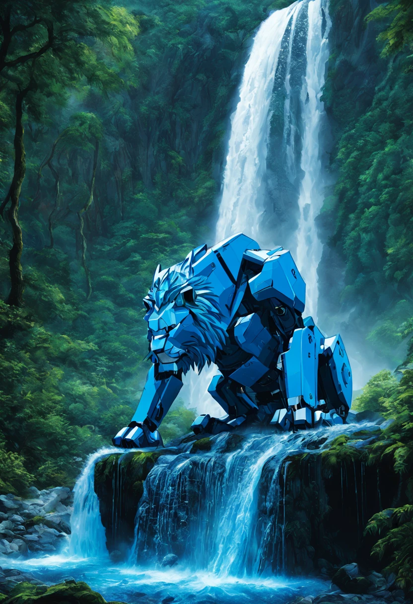(A blue color schemed obviously robotic Voltron lion) is sitting under a waterfall, water both dances off the lion and distorts its outline, at night on a forest world