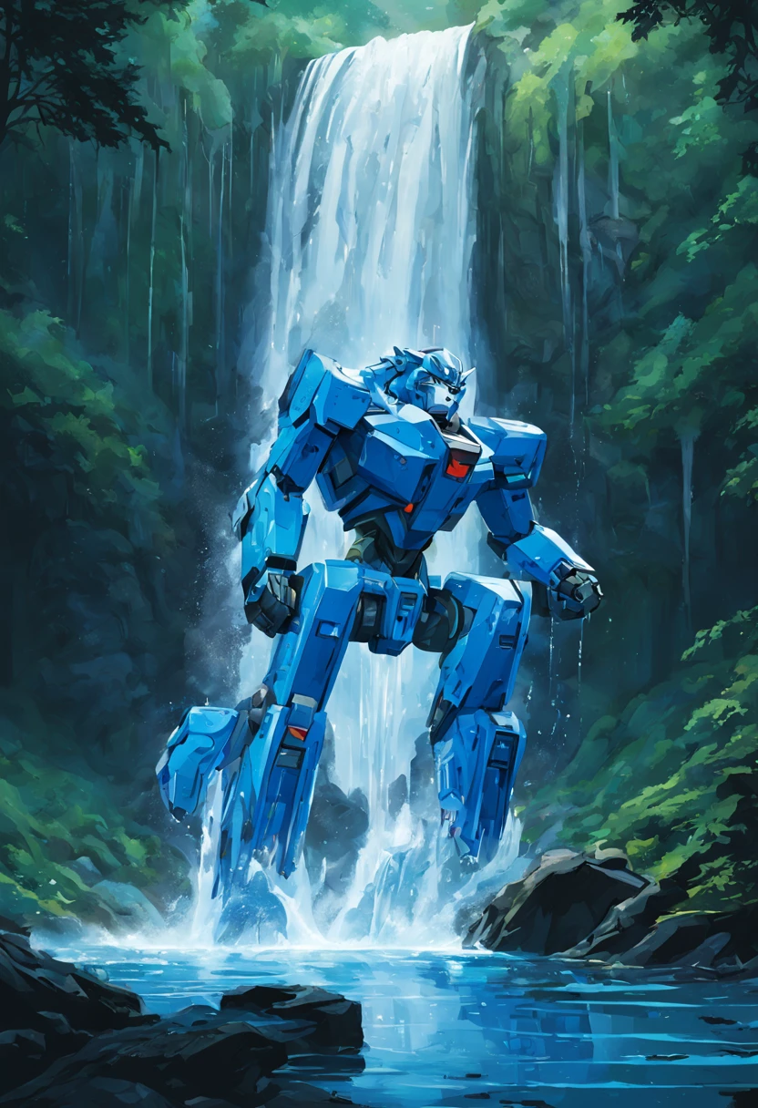(A blue color schemed obviously robotic Voltron lion) is sitting under a waterfall, water both dances off the lion and distorts its outline, at night on a forest world