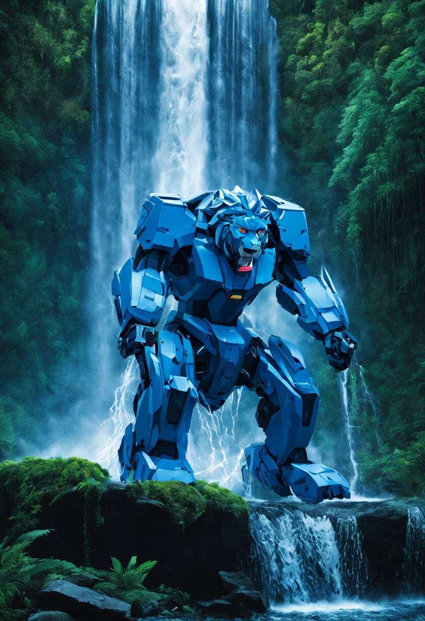 (A blue color schemed obviously robotic Voltron lion) is sitting under a waterfall, water both dances off the lion and distorts its outline, at night on a forest world