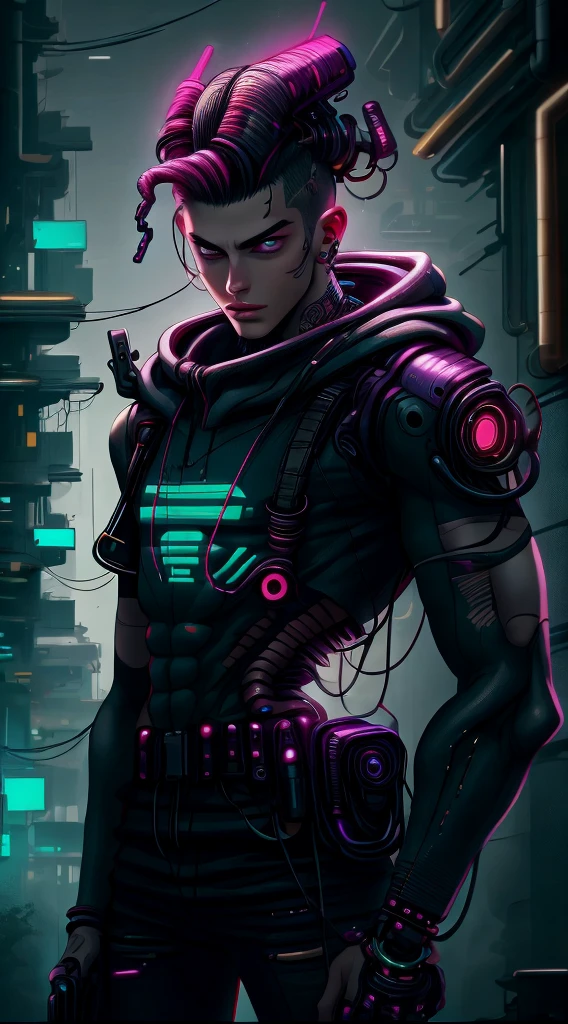 Hermoso hombre joven, vistiendo una chaqueta resistente, pelo cyberpunk,Un joven hermoso , encantador y fascinante , Armas ametralladoras en la escena nocturna cyberpunk., fondo verde rojo cyberpunk, (Mejor calidad: 1.4), (Obra maestra: 1.2), detallado, complejo, high resolution,32k