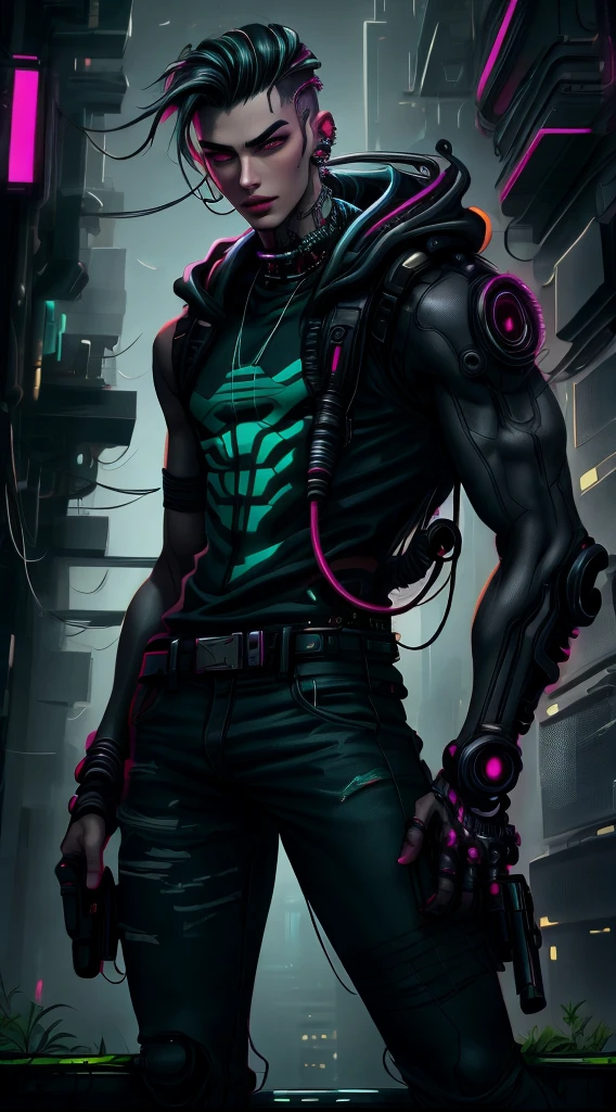 Hermoso hombre joven, vistiendo una chaqueta resistente, pelo cyberpunk,Un joven hermoso , encantador y fascinante , Armas ametralladoras en la escena nocturna cyberpunk., fondo verde rojo cyberpunk, (Mejor calidad: 1.4), (Obra maestra: 1.2), detallado, complejo, high resolution,32k