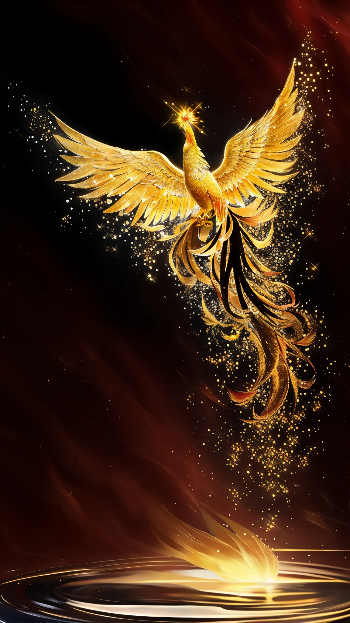Arafad image of a golden bird flying over water, ''Phoenix壁纸, golden embers flying, with fiery golden wings, Phoenix Rising, Phoenix Rising from the ashes, Phoenix's artwork, Phoenix灵感, with fiery golden wings of flame, ''Phoenix壁纸 resting, golden wings, flash gif, Golden spark, Phoenix, divine soul