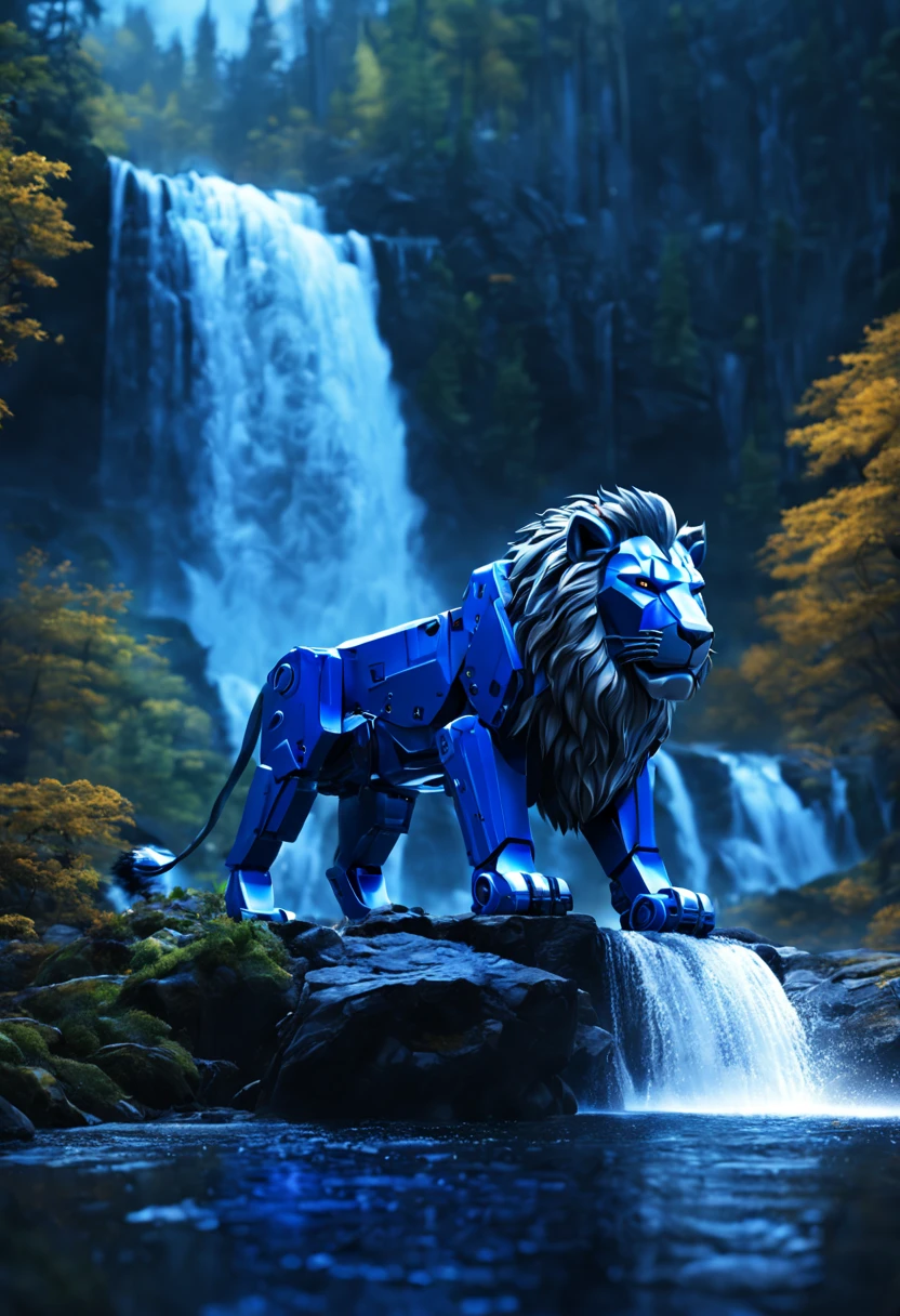A blue color schemed obviously robotic Voltron lion,sitting under a waterfall,water both dances off the lion and distorts its outline, at night on a forest world,(best quality,4k,8k,highres,masterpiece:1.2),ultra-detailed,(realistic,photorealistic,photo-realistic:1.37),HDR,UHD,studio lighting,ultra-fine painting,sharp focus,physically-based rendering,extreme detail description,professional,vivid colors,bokeh,landscape,night scene,sparkling water,jet stream flow,illuminated waterfall,reflection,metallic texture,scattered moonlight,colorful forest foliage,serene atmosphere,cascading water,aurora borealis
