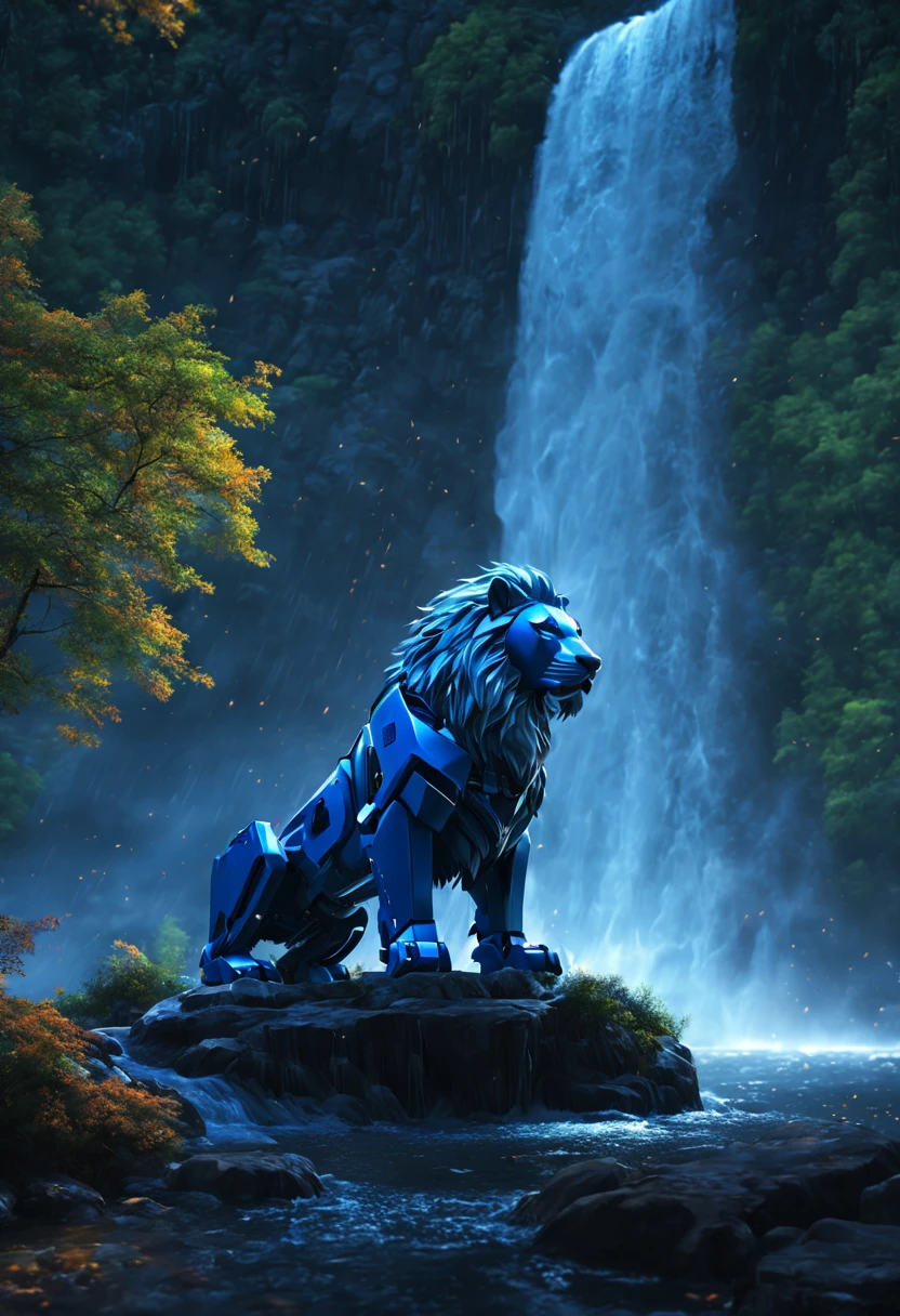 A blue color schemed obviously robotic Voltron lion,sitting under a waterfall,water both dances off the lion and distorts its outline, at night on a forest world,(best quality,4k,8k,highres,masterpiece:1.2),ultra-detailed,(realistic,photorealistic,photo-realistic:1.37),HDR,UHD,studio lighting,ultra-fine painting,sharp focus,physically-based rendering,extreme detail description,professional,vivid colors,bokeh,landscape,night scene,sparkling water,jet stream flow,illuminated waterfall,reflection,metallic texture,scattered moonlight,colorful forest foliage,serene atmosphere,cascading water,aurora borealis