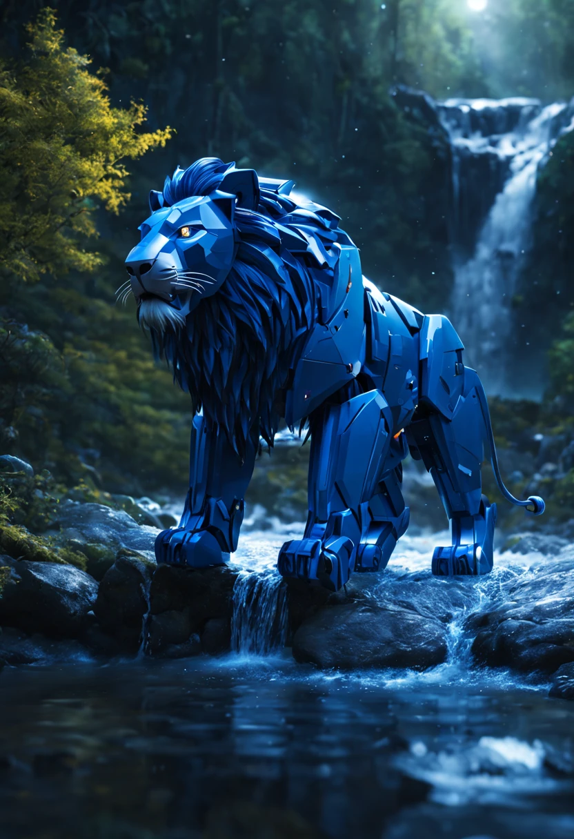 A blue color schemed obviously robotic Voltron lion,sitting under a waterfall,water both dances off the lion and distorts its outline, at night on a forest world,(best quality,4k,8k,highres,masterpiece:1.2),ultra-detailed,(realistic,photorealistic,photo-realistic:1.37),HDR,UHD,studio lighting,ultra-fine painting,sharp focus,physically-based rendering,extreme detail description,professional,vivid colors,bokeh,landscape,night scene,sparkling water,jet stream flow,illuminated waterfall,reflection,metallic texture,scattered moonlight,colorful forest foliage,serene atmosphere,cascading water,aurora borealis