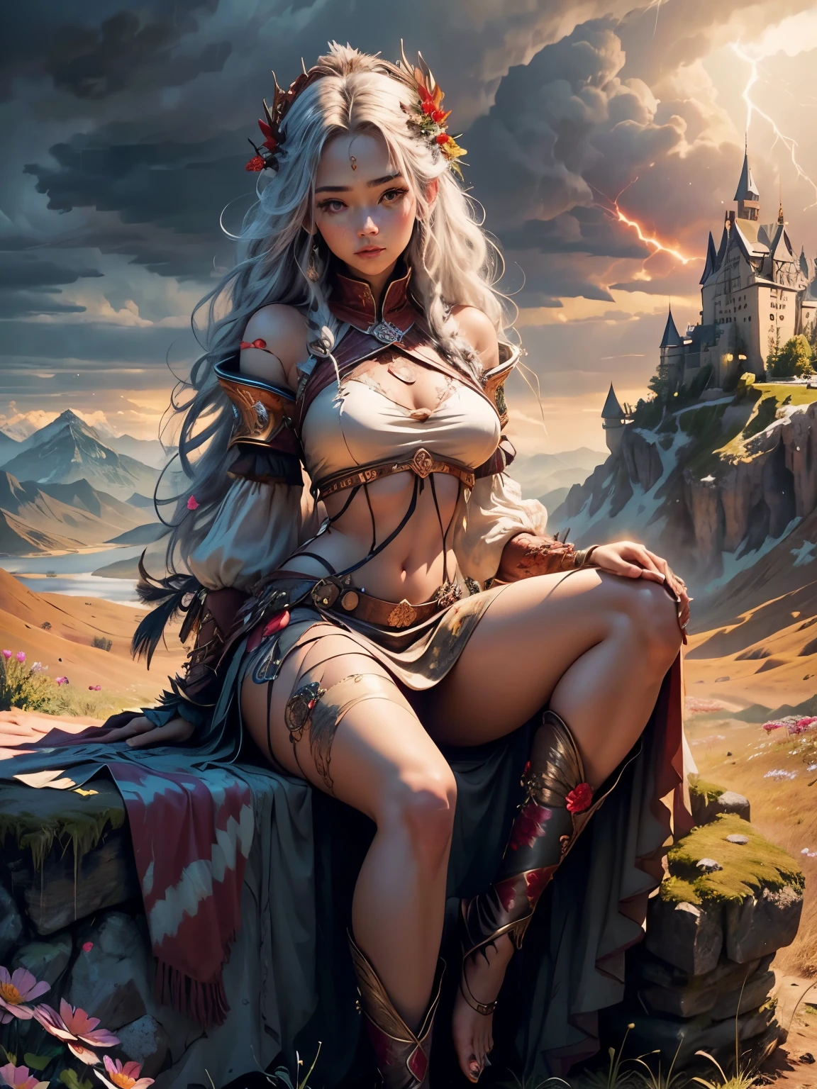 standing woman, female model standing on mountain, EAUTIFUL WOMAN on the mountain, sunset sky, red sunset clouds, sunset, long hair in the wind, eagle feathers, eagle queen, ((goddess dressed in eagle feathers)), fantasy, overexposure, perfect eyes, colors metallic, surreal art, full body, bare feet, view of mountainous horizon, lake in the distance, lady in the center of the scene, huge full moon in front of the sun, ((transparent clothing)), ((dark clouds storm with lightning )), lightning strikes, ((light drizzle)), fog in the distance, goddess on top of the mountain, girl standing, ((toenails painted red)), ((flowers on top of the mountain )), ((castle embedded in mountain)), ancient column relic monument, epic,