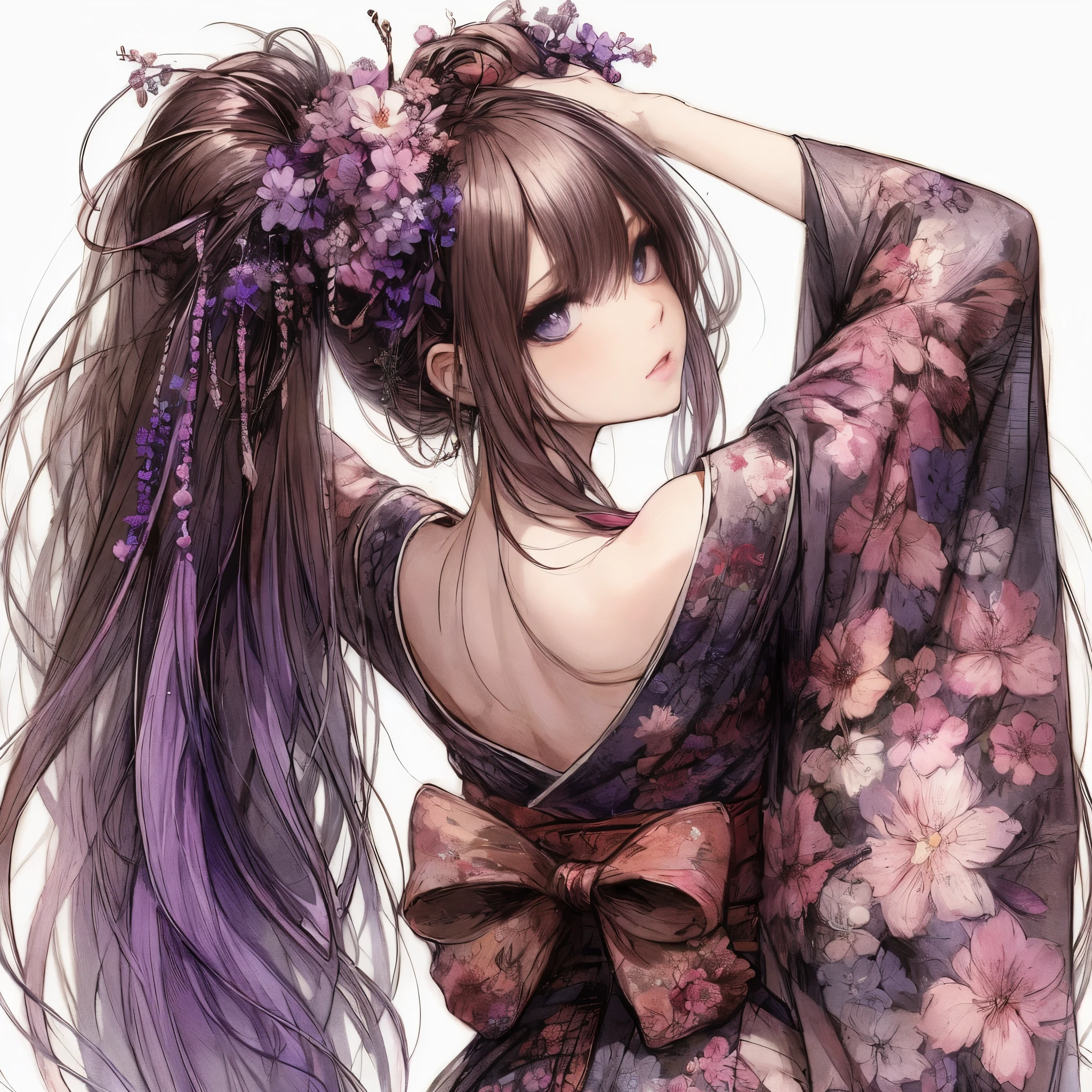 anime girl with long hair and purple flowers in her hair, beautiful anime girl, beautiful anime woman, beautiful anime artwork, beautiful anime style, beautiful alluring anime woman, beautiful anime art, beautiful anime, anime girl with long hair, beautiful anime portrait, cute anime waifu in a nice dress, beautiful fantasy anime, pretty anime girl, (anime girl), ”beautiful anime woman, detailed drawn beautiful eyes, beauty back