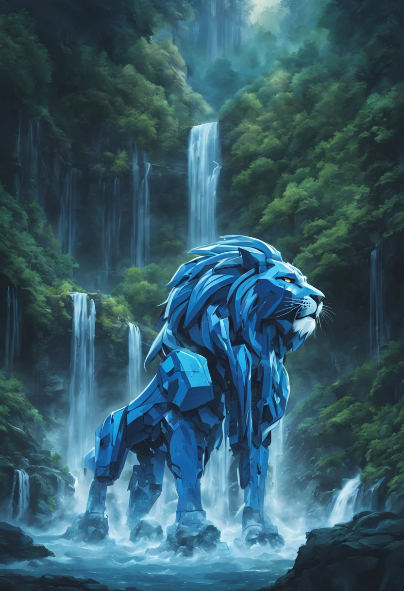 (A blue color schemed obviously robotic Voltron lion) is sitting under a waterfall, water both dances off the lion and distorts its outline, at night on a forest world