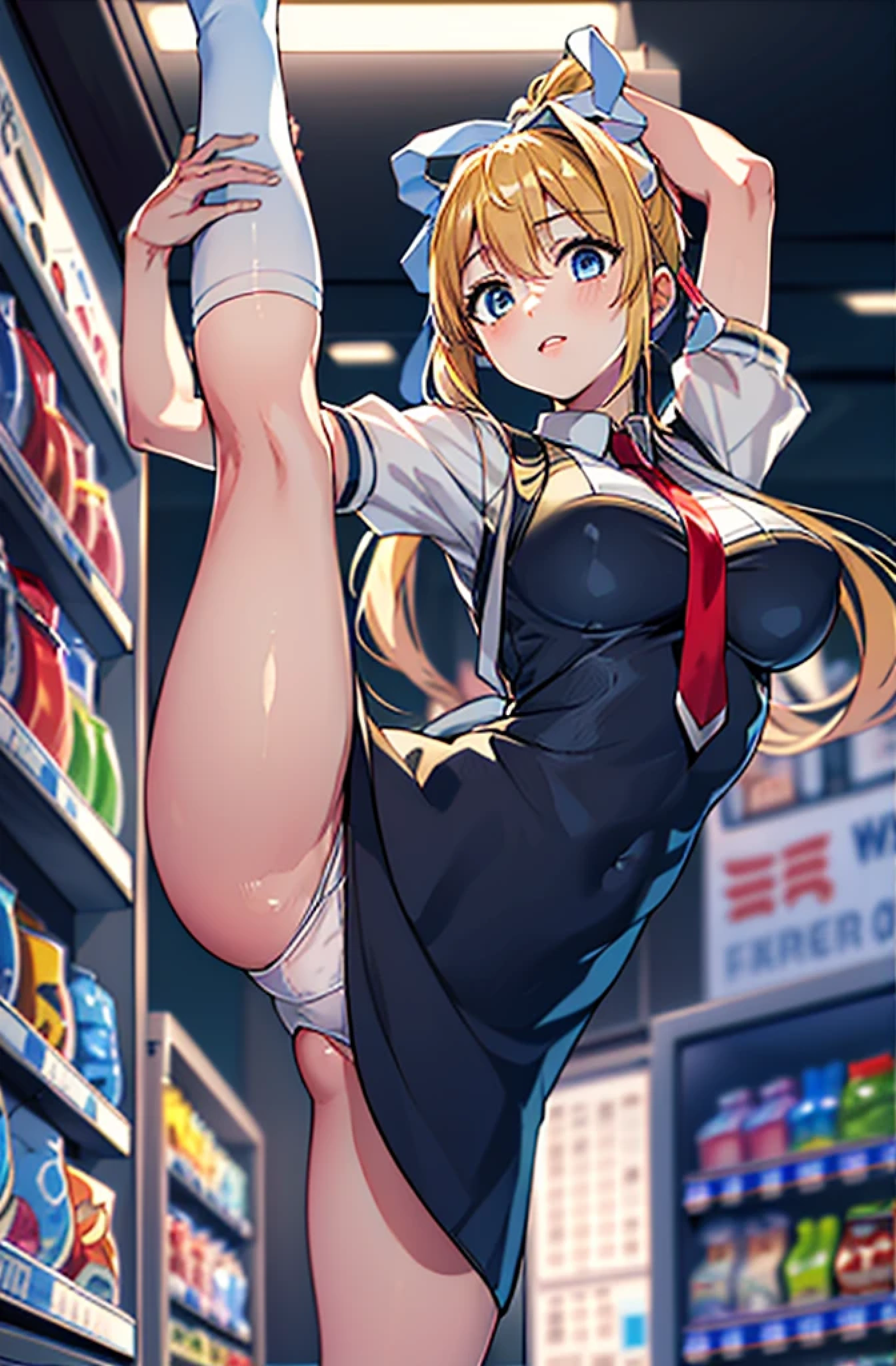 ((masterpiece, best qualtiy, hdr, 8k)), 1girl, solo, (kamio misuzu), AIR, blue eyes, long hair, blonde hair, ponytail, white ribbon on hair, air school dress uniform, black bodycon dress, light yellow shirt, red tie, extra long socks, black socks, black boots, ((vending machine background)), ((traditional japanese store background)), sunny, (average breasts), full body, average thighs, detailed legs, flexible, (standing on one leg:1.2), (standing split:1.3), (hand holding one leg up), (seen from below:1.2), showing white panties