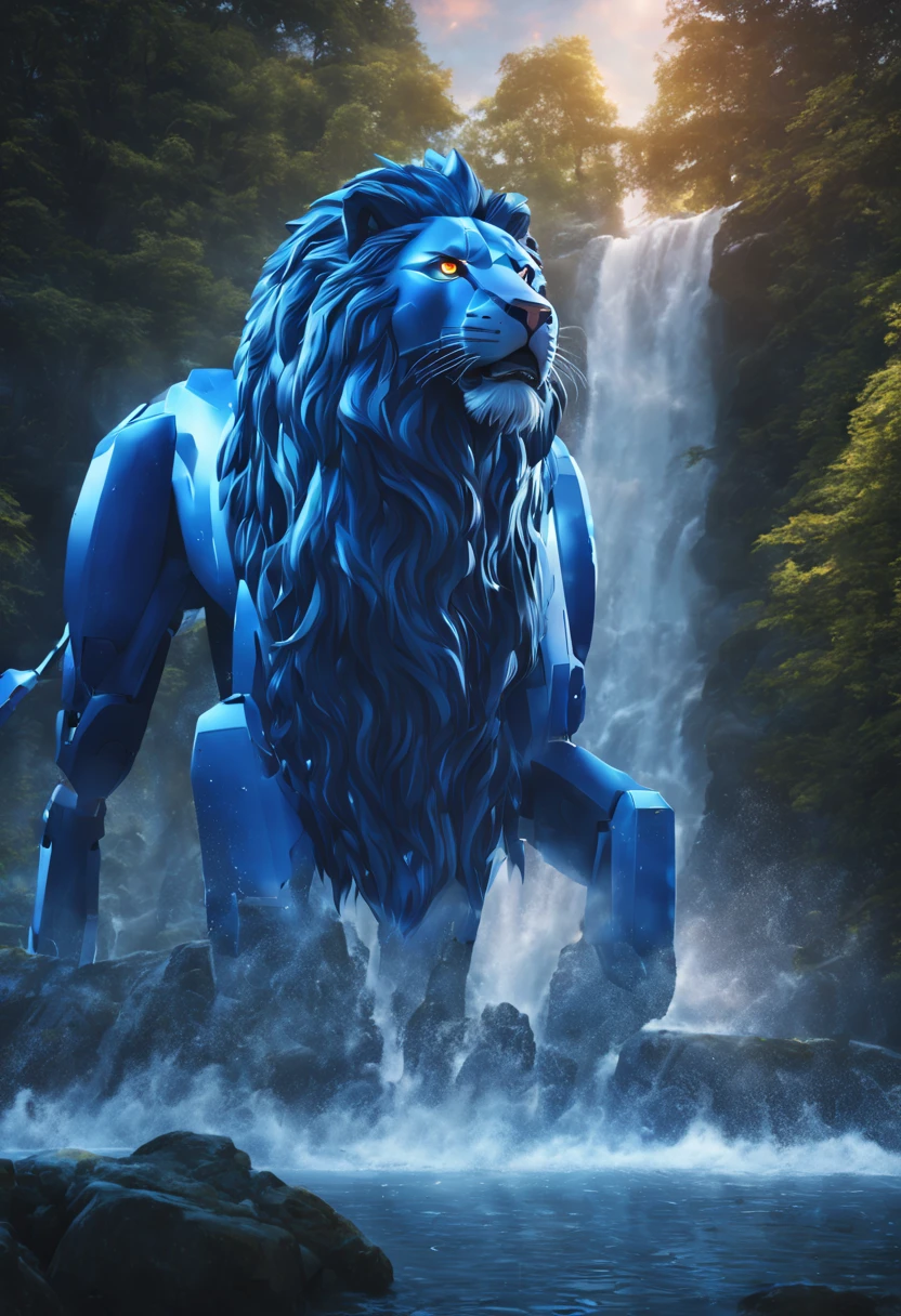 (A blue color schemed obviously robotic Voltron lion) is sitting under a waterfall, water both dances off the lion and distorts its outline, at night on a forest world