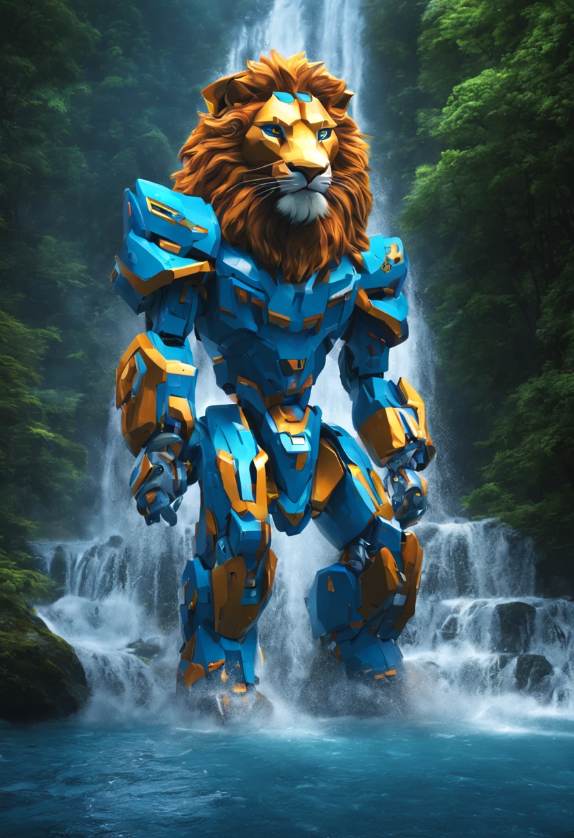 (A blue color schemed obviously robotic Voltron lion),under a waterfall,water both dances off the lion and distorts its outline,at night on a forest world,(best quality,4k,8k,highres,masterpiece:1.2),ultra-detailed,physically-based rendering,vivid colors,portraits,colorful lighting