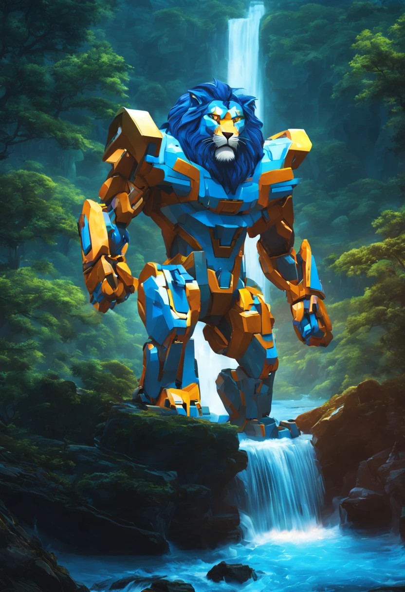 (A blue color schemed obviously robotic Voltron lion),under a waterfall,water both dances off the lion and distorts its outline,at night on a forest world,(best quality,4k,8k,highres,masterpiece:1.2),ultra-detailed,physically-based rendering,vivid colors,portraits,colorful lighting