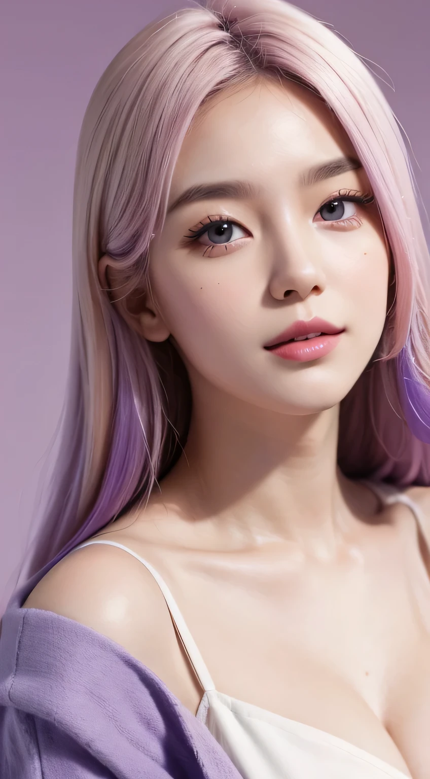 Unique and diverse images of young women, Creamy white skin contrasts with vibrant purple background, Capture your beautiful face and body in one photo，light hair，fashionable clothes