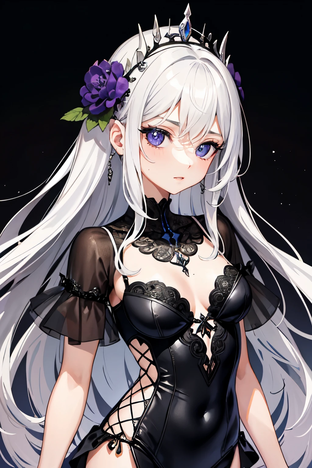 (summer clothing photo:1.1, gray white background:1.5), Masterpiece, best quality, (very detailed CG unity 8k wallpaper), (best quality), High definition RAW color art, Animation,sculptures, (black Marble Skin), (((Ultra detailed elegant))), Magical atmosphere, Detailed skin, Texture,(Intricately detailed, Fine detail, ultra-detail art), Silky Touch, Hyper Detail, beautiful eyes, Elegant Face, (lying alone), enormous breast:1.3, (silver hair), pastel purple, embarrassing face, wide open udder, black bikini, Holding a bouquet of grey flowers