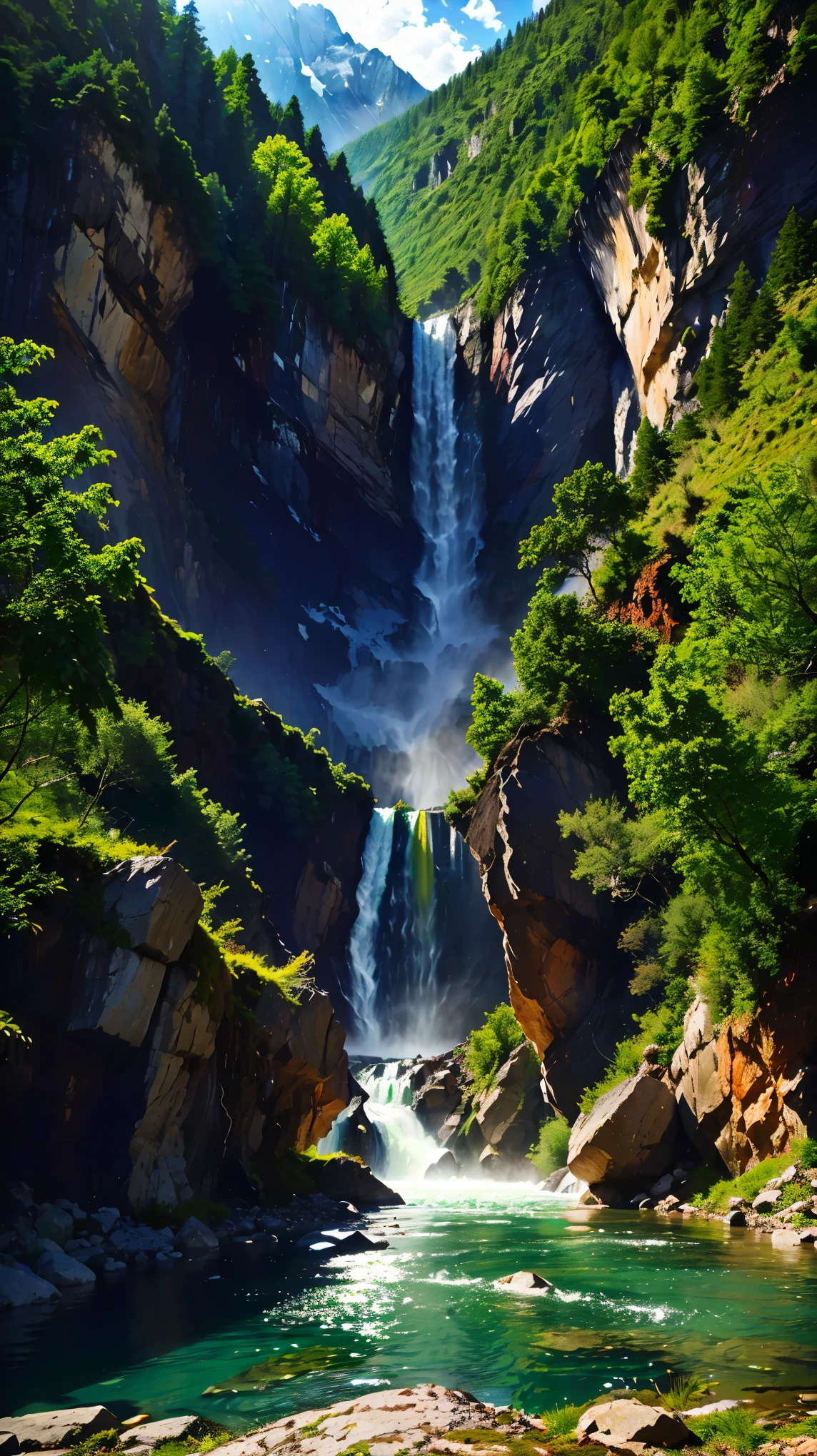 (8k, RAW photo, 最high quality, masterpiece:1.2), High-definition RAW color photo, Professional photo shoot, Landscape with a majestic waterfall, water flowing down, Momentum, river flow, The majesty of nature, birds chirping, wood々green, Mountain々blessings from, Lens flare, high quality, photo shoot.