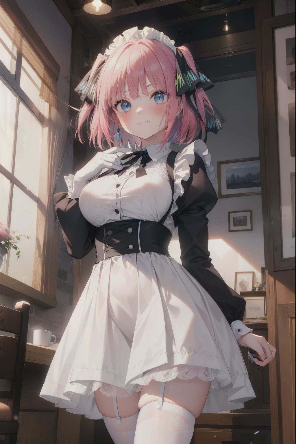 i was silent, Nino Nakano, short hair, bangs, blue eyes, hair ornaments, hair ribbon, pink hair, blunt bangs, two side up, butterfly hair ornaments,smile,blush,big breasts,she was wearing a maid skirt, white stockings on her legs, and lace gloves,Cute standing figure,bare chest,
break indoors, coffee shop,
break looking at viewer, break (masterpiece:1.2), highest quality, High resolution, unity 8k wallpaper, (figure:0.8), (detailed and beautiful eyes:1.6), highly detailed face, perfect lighting, Very detailed CG, (perfect hands, perfect anatomy),