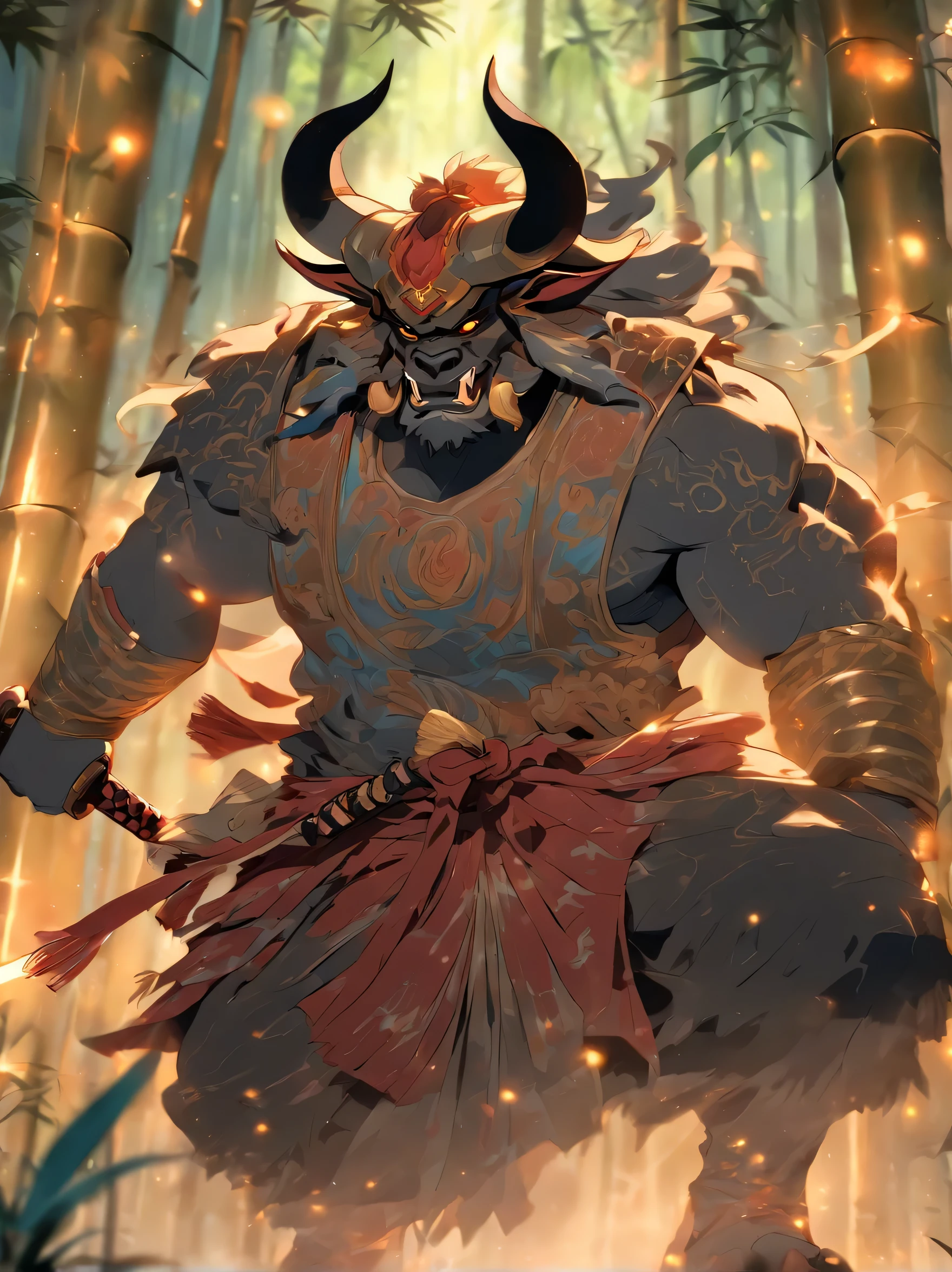 Minotaur in Greek mythology,Wearing Chinese armor,He wears a blue robe over his armor,Inspired by mountains and sea,Black Minotaur,trumpet,armor,Long-handled weapon,spear,Moon Ox Warrior, Anthropomorphic samurai cow,night,bamboo forest,moonLight,Chinese traditional conceptual art,black bull warrior,Asura in Chinese mythology,8k resolution、((top quality))、((masterpiece))、((super detailed)),(HD,super detailed),masterpiece, high detail, (high resolution, super detailed), Light, motion blur, Light线追踪, reflected Light, masterpiece, best quality, high quality, anatomically correct, textured skin, high details, Super detailed, 1080p, Ultra high quality,