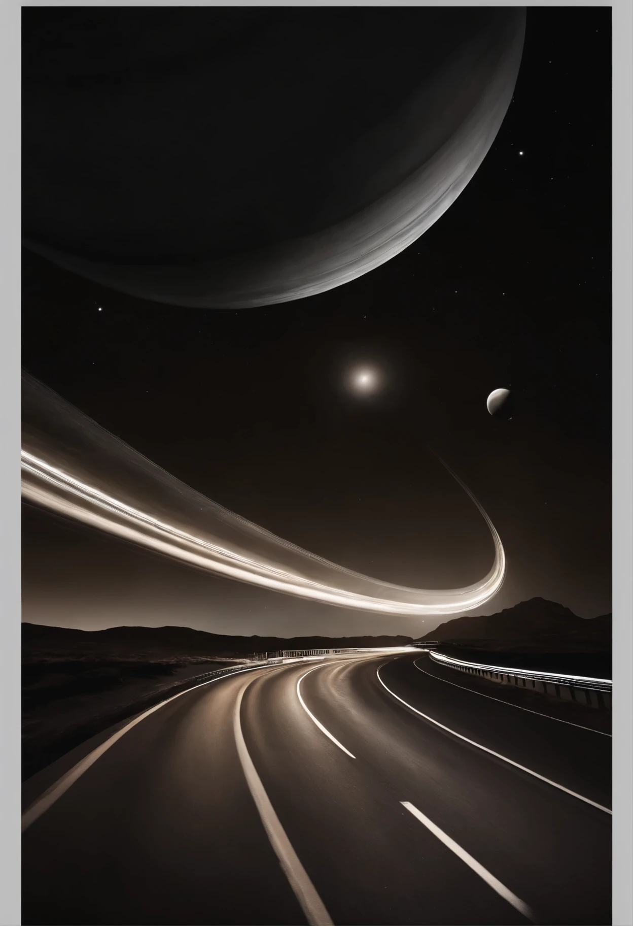 ((masterpiece)),(best quality)),Magnificent space image scenes,Interstellar,saturn , Planets with rings, astronomy,(driving on the highway:1.3),(天空中有巨大的saturn和星环:1.5)