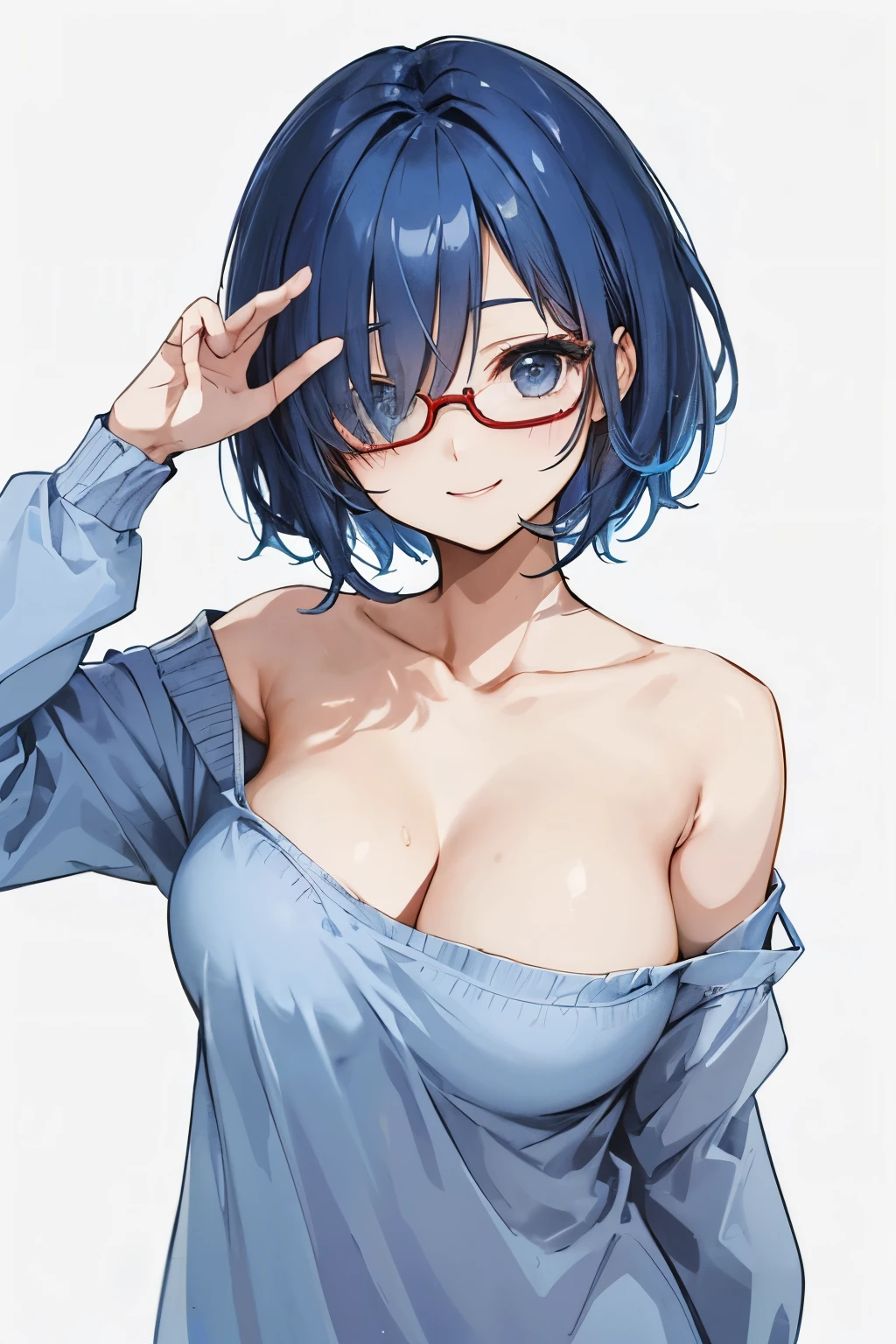 (((One eye is hidden)))、short bob、blue hair、big breasts、girl、cute、smile、red cheeks、Sex、I can see your chest、glasses、The face is hidden by hair